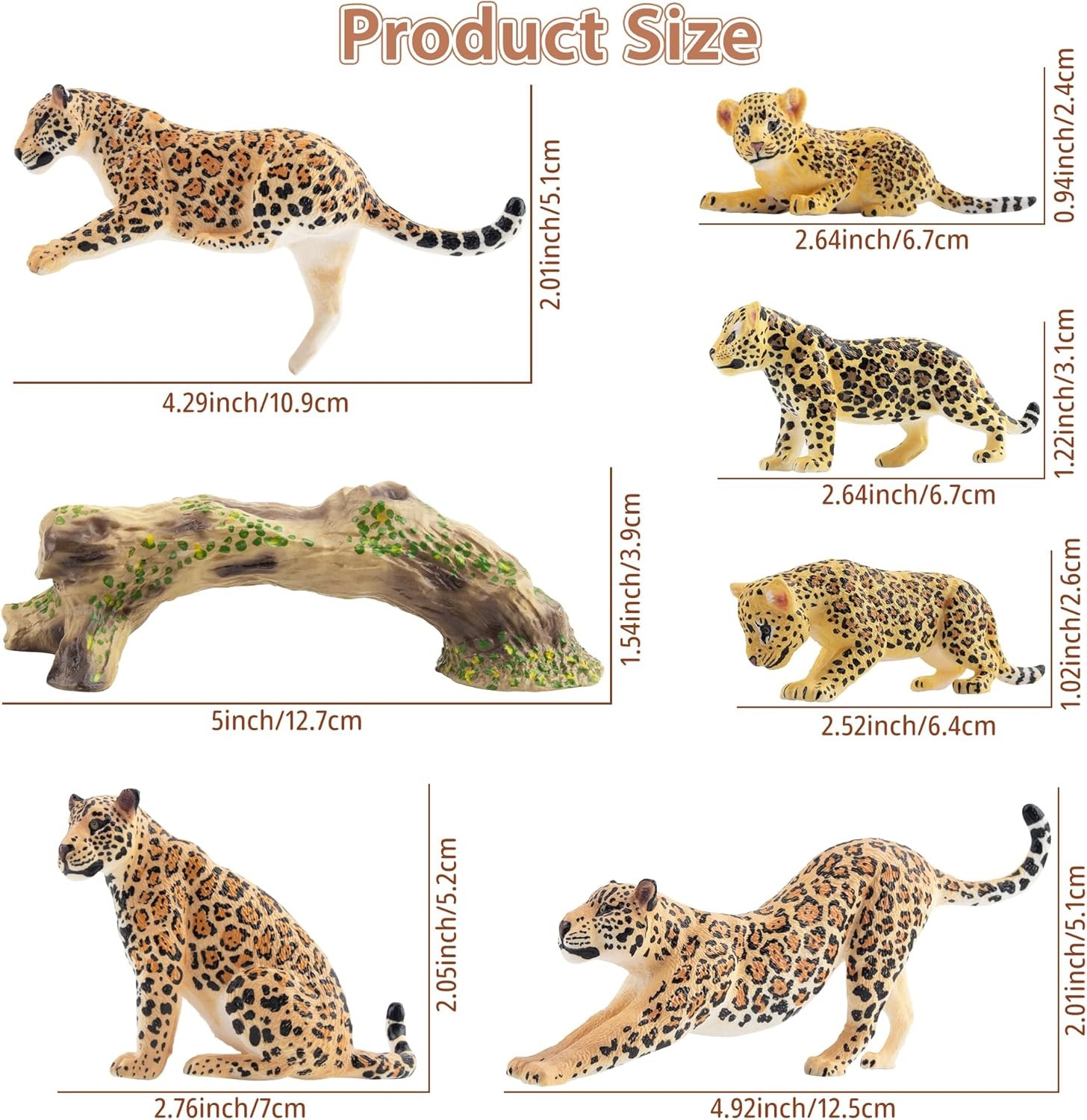Toymany 7PCS Leopards Figurines with Leopards Cub and Tree Trunk, Realistic Jung