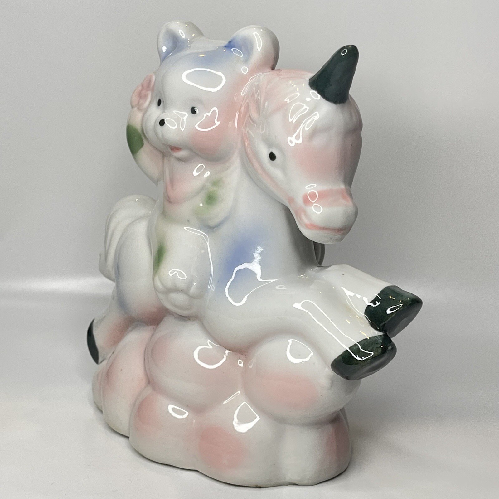 Vintage Teddy Bear Riding Unicorn Ceramic Figurine Baby Shower Gift Nursery Room