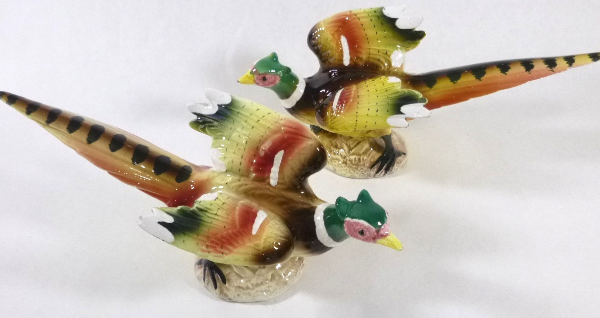 Vintage 1950s Nippon Yoko Boeki-Japanese Porcelain Pheasant Figurines-(2) 4″x10″