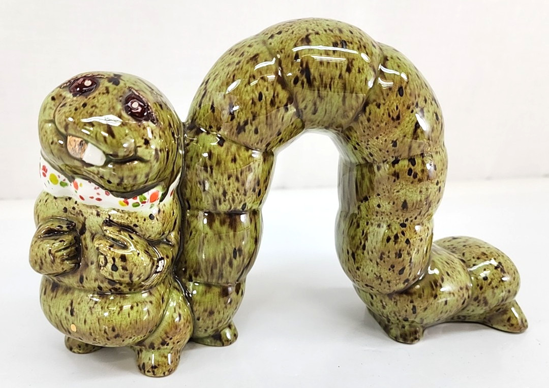 Vintage Ceramic Inchworm Figurine Anthropomorphic Green Gold Tooth
