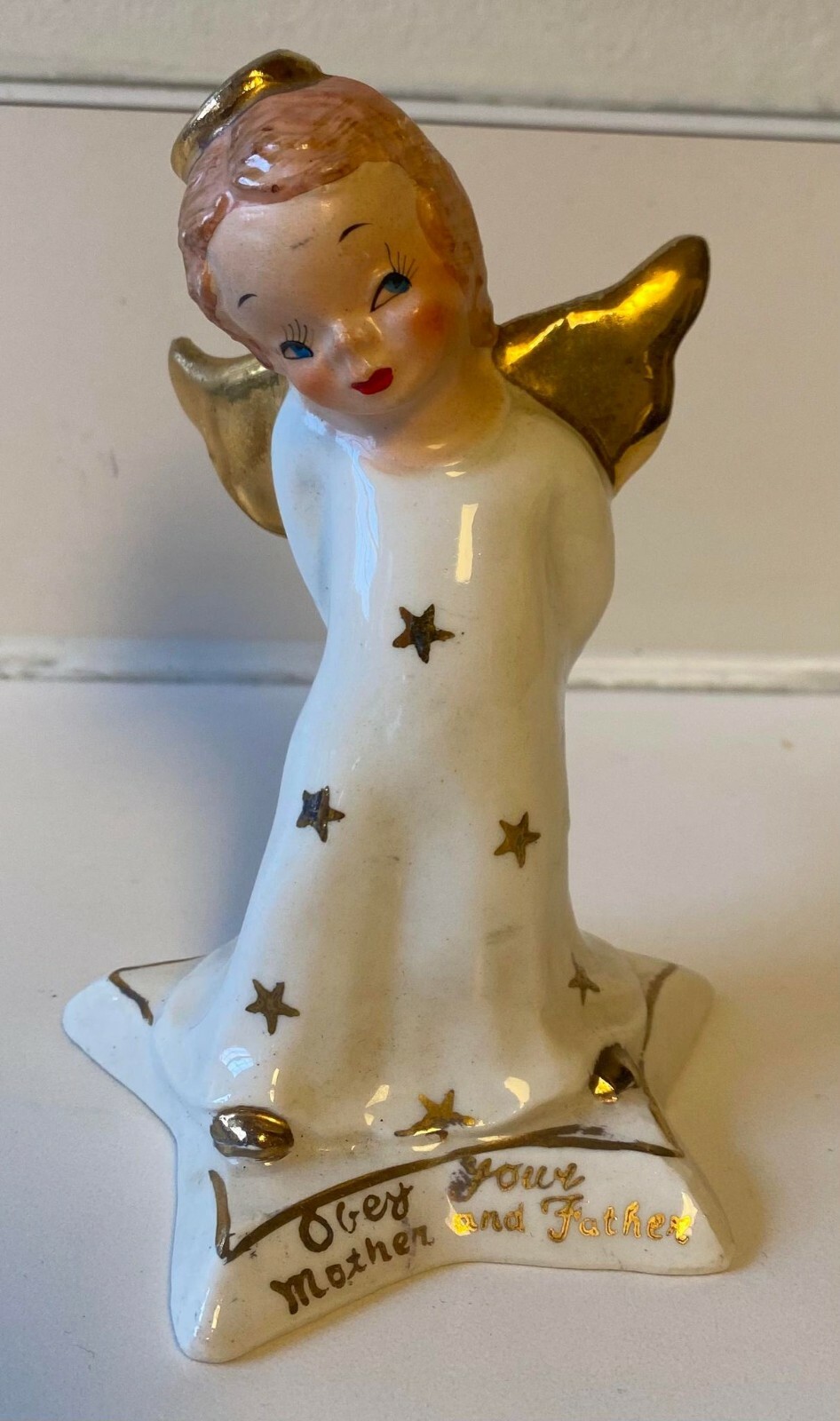 Vintage 1950s Yona Japan Obey Your Mother and Father Porcelain Angel Figurine