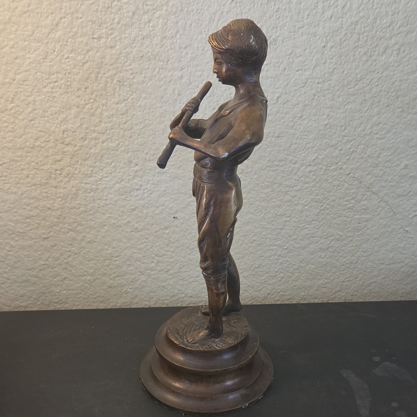 Bronze Metal Boy Playing Flute Figurine Statue 8.5in 3D Effect, Music
