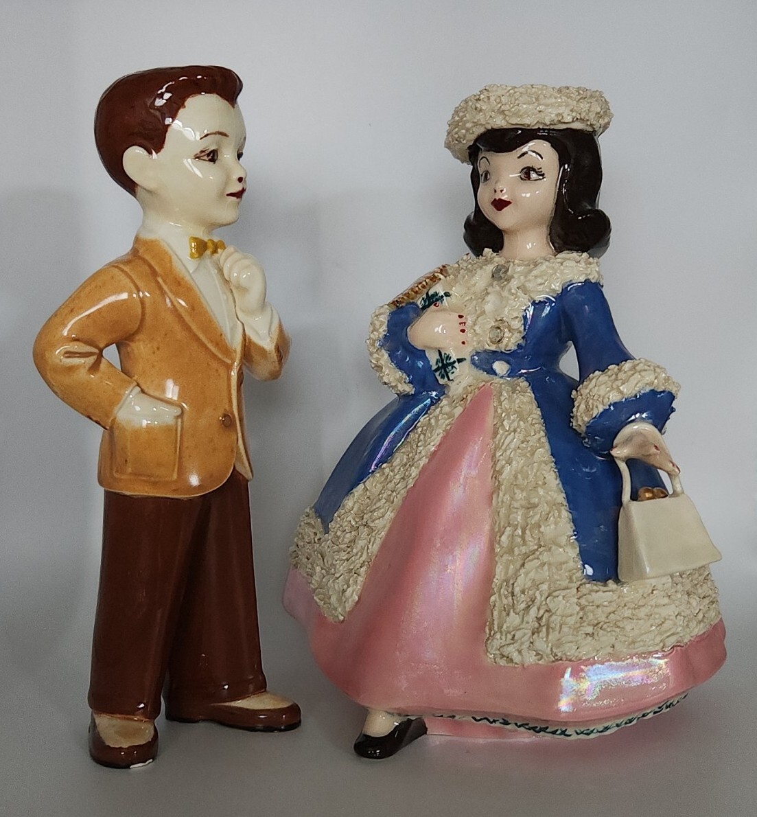 Vintage 1950’s Kitsch Figurines Boy And Girl 7in Holland Mold Ceramics