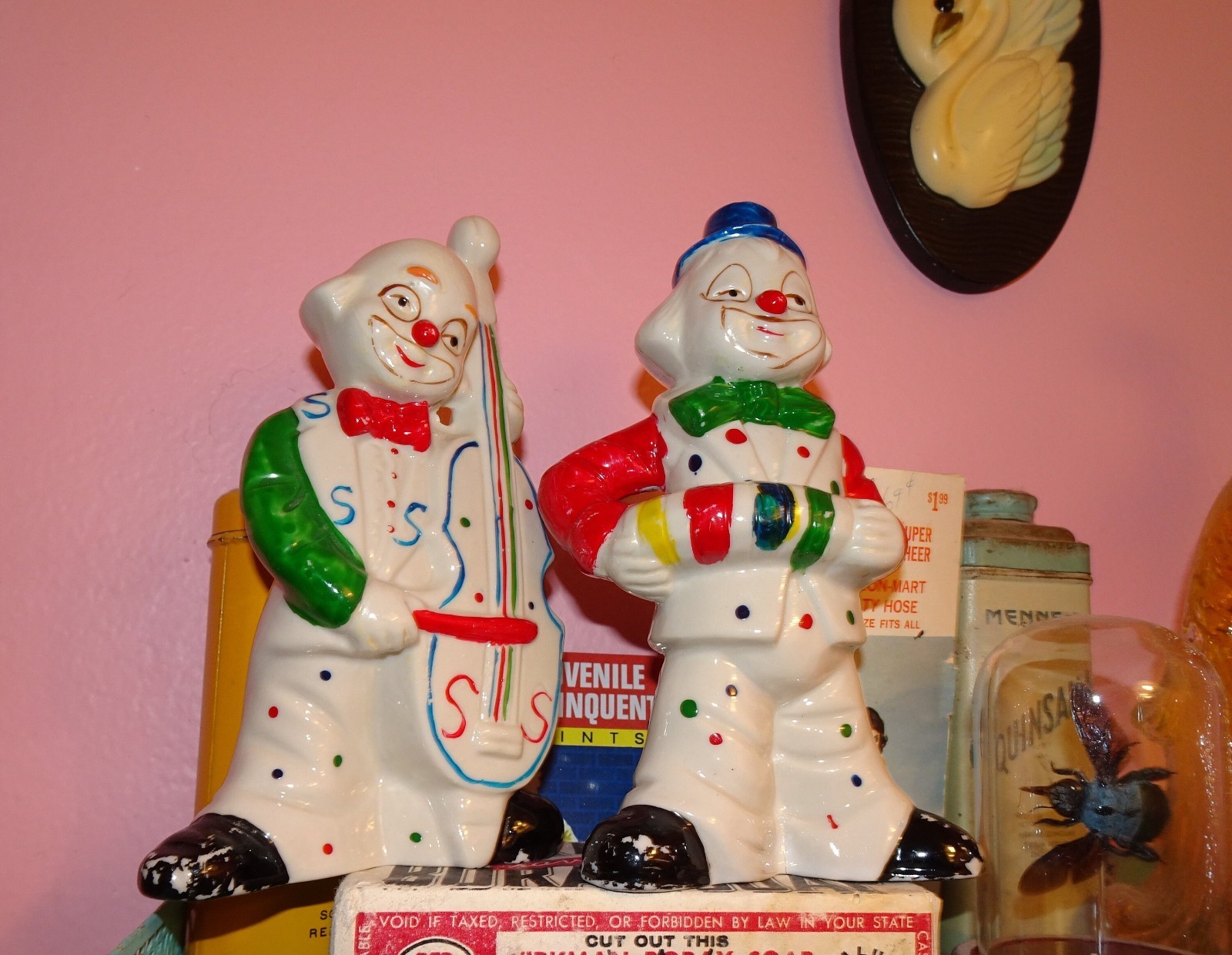 Vintage Two Ceramic Clowns Playing Instruments