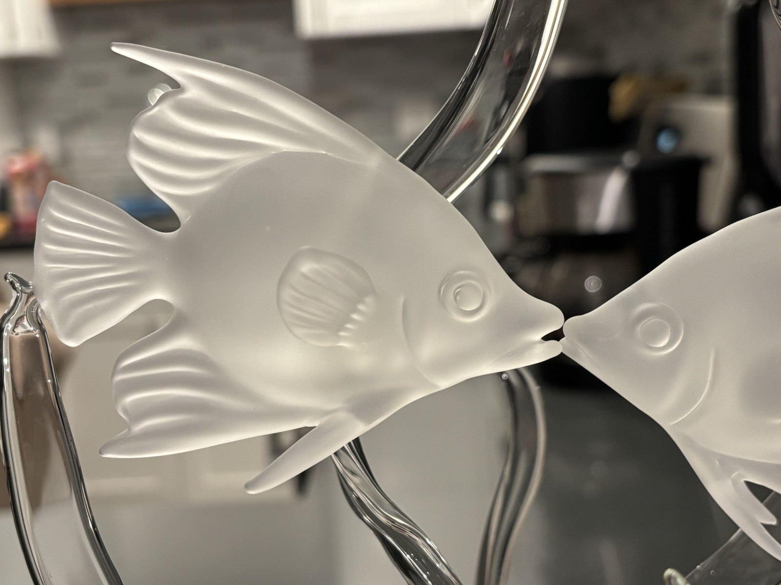 Art Glass Sculpture: Two Frosted Angelfish on Natural Burl Wood Base