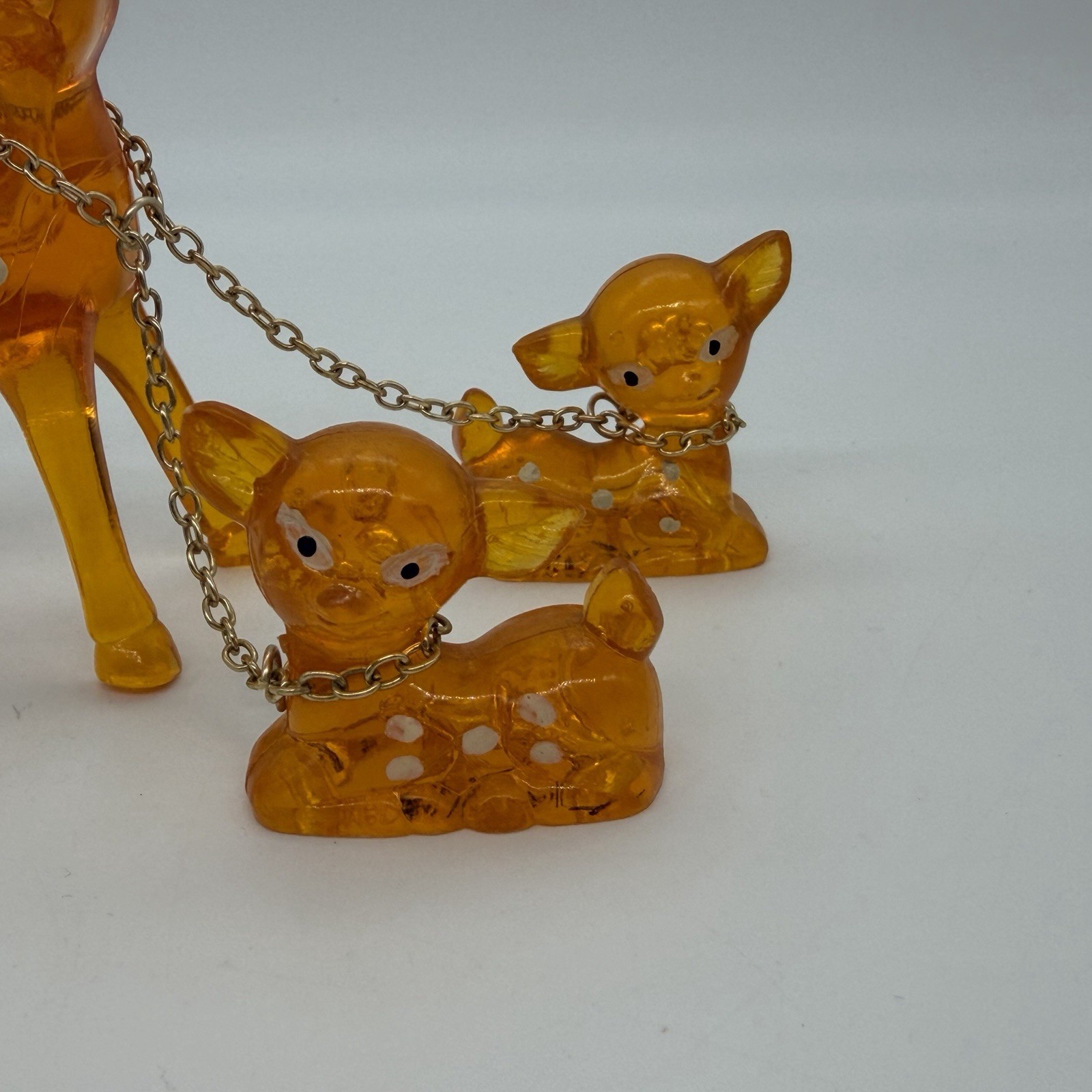 Vintage Lucite Chained Deer Family Orange White Spots & Eyes Retro Kitsch