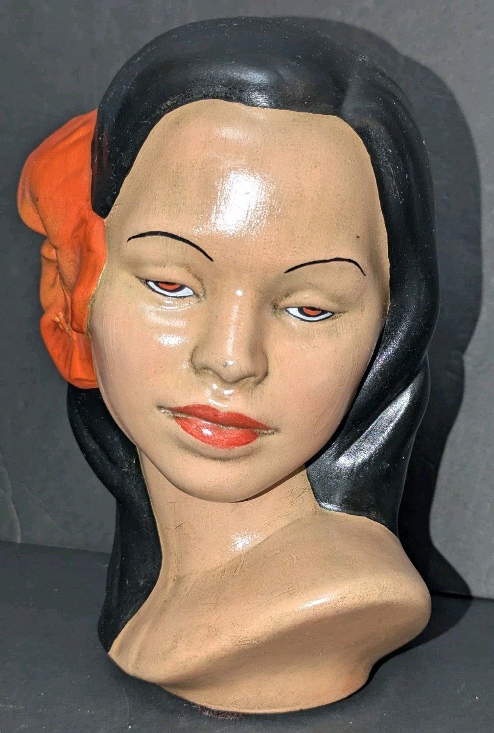 Vintage Hawaiian Polynesian Lady Woman Head Bust Statue Hand Painted Hibiscus