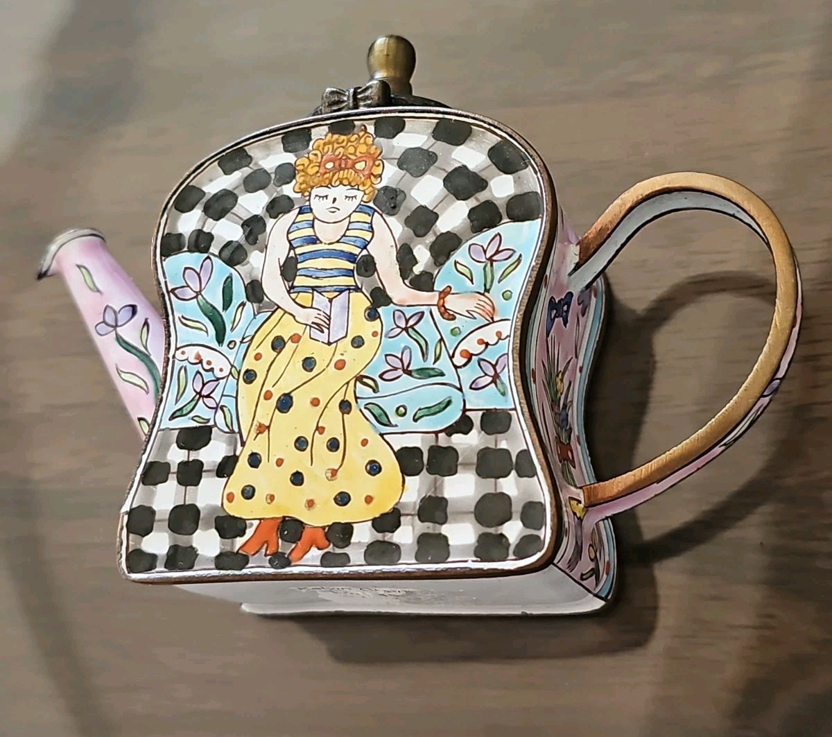 collectible vintage Kelvin Chen Teapot Chinese, miniature woman Cloisonne Enamel
