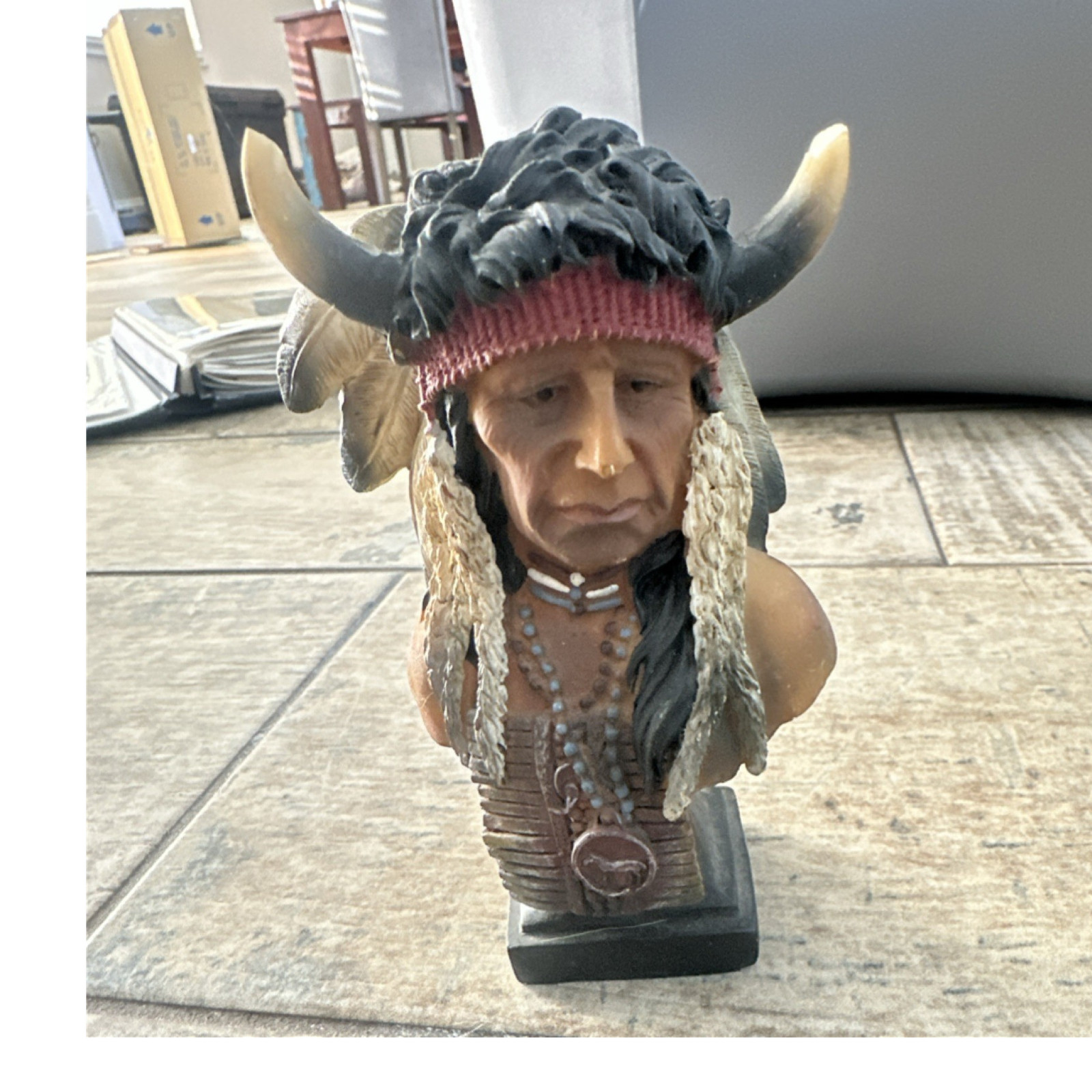 Native American Buffalo Horn Feather Resin Figurine Sculpture Painted Bust