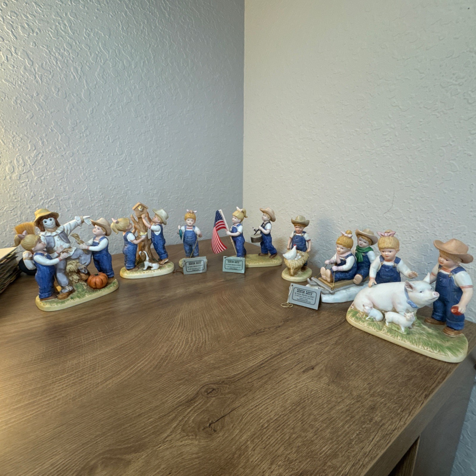 HOMCO Vintage 1985 Farmer Kids Porcelain Figurines DENIM DAYS Lot of 7 Set