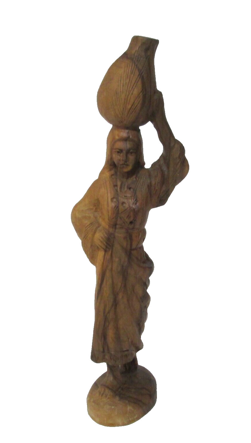 carved wood ethnic figure lady with jar on head South American