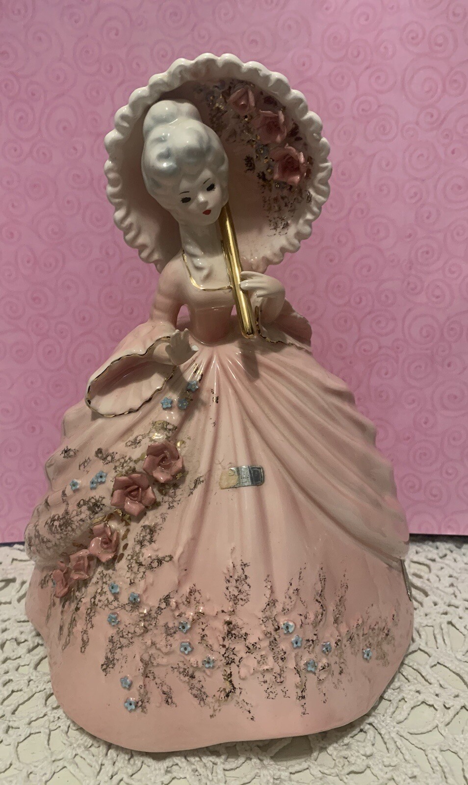 Vintage 9” Josef originals lady figurine pink dress umbrella southern Belle READ