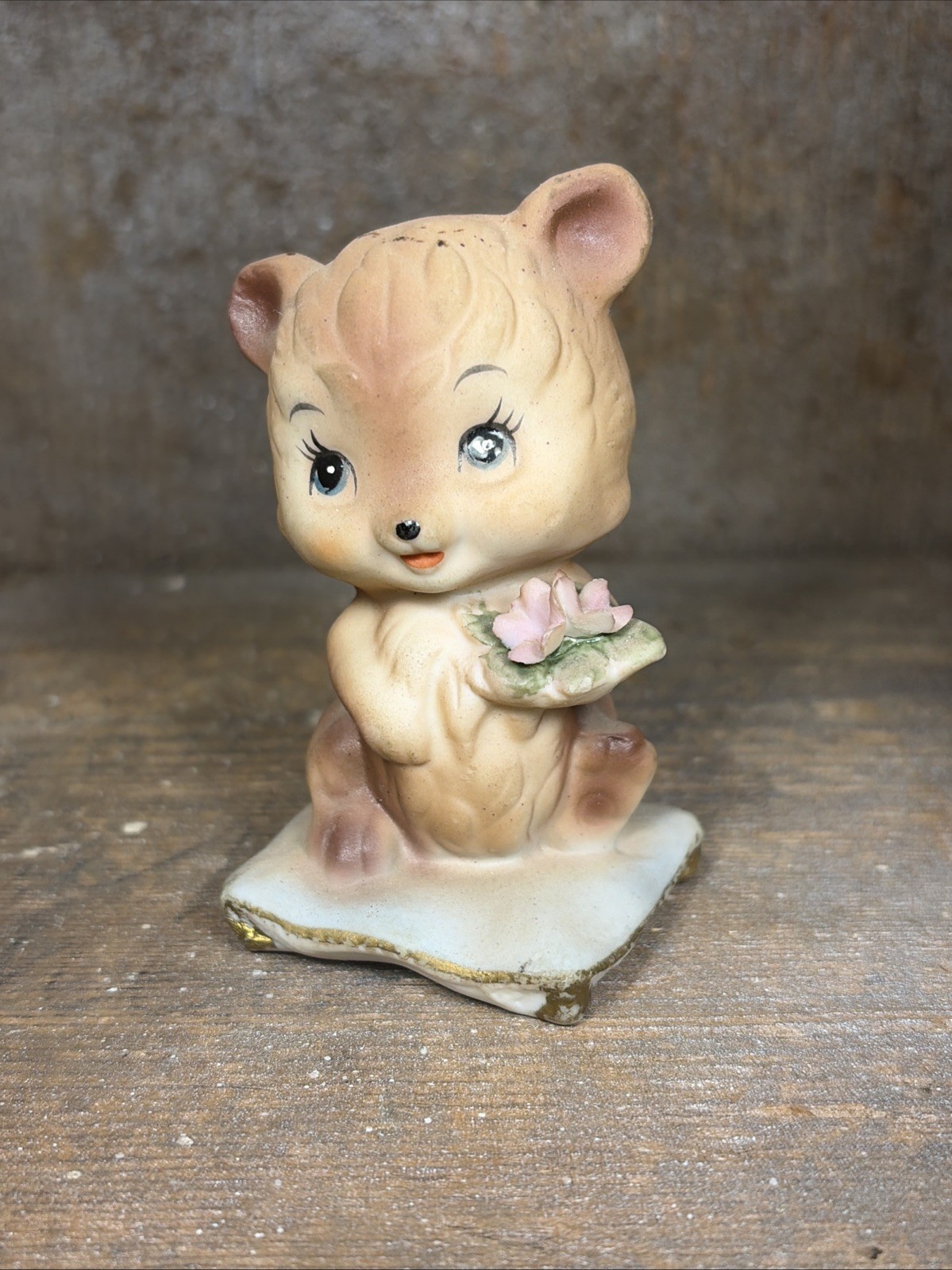 Vintage Anthropomorphic Bear with Flowers On Pillow Porcelain Figurine HBB