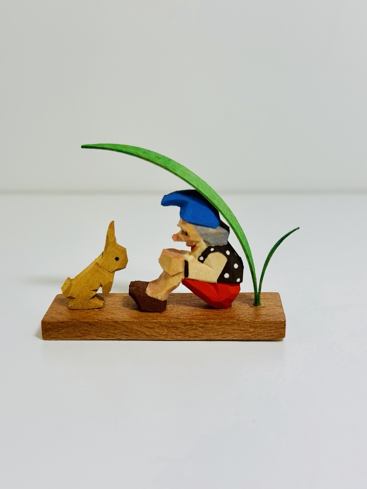Vintage Emil Helbig German Wood Carving Miniature Seated Gnome and Bunny