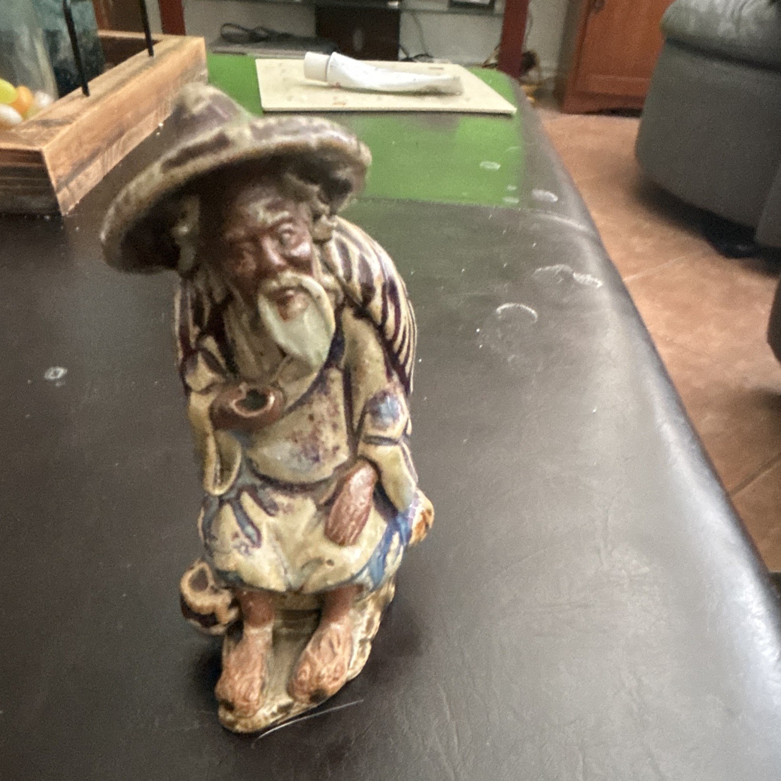 Ceramic Bearded Man with Hat Figurine Statue, Hand-Painted Beige Brown Blue