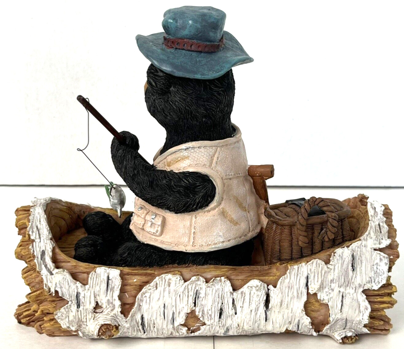 Fishing Bear Figurine Birch Tree Canoe Boat Vtg Cabin Lake House Decor