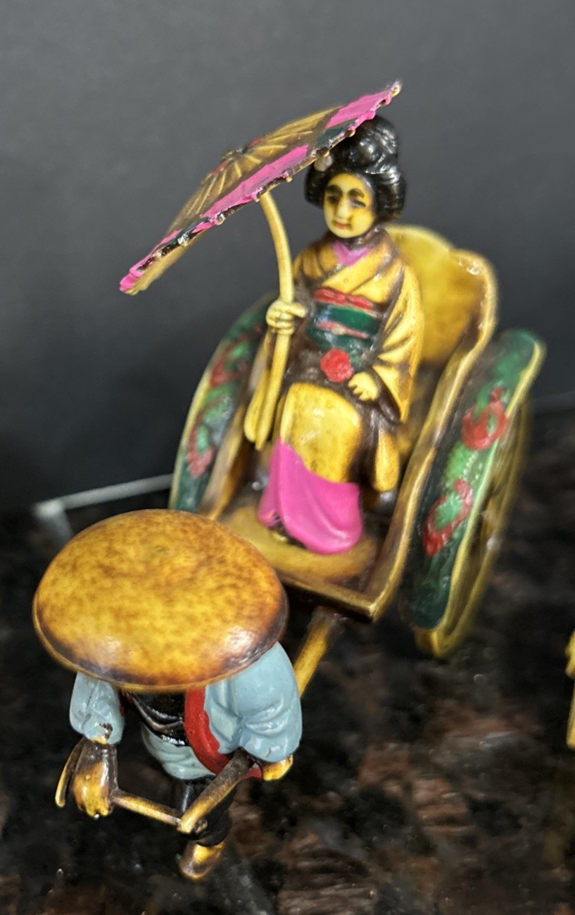 5-VTG Celluloid Figures Including Japanese Rickshaw Asian Man Geisha Girl Figure