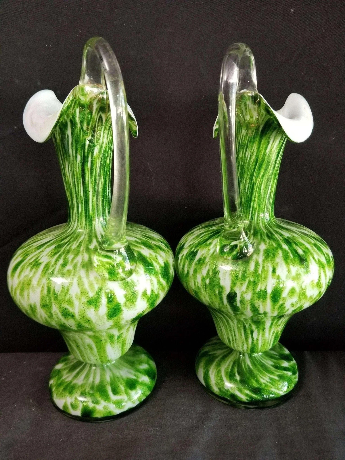 Green Spangle Glass Ewers Green white Mica Flecks c.1890 9″