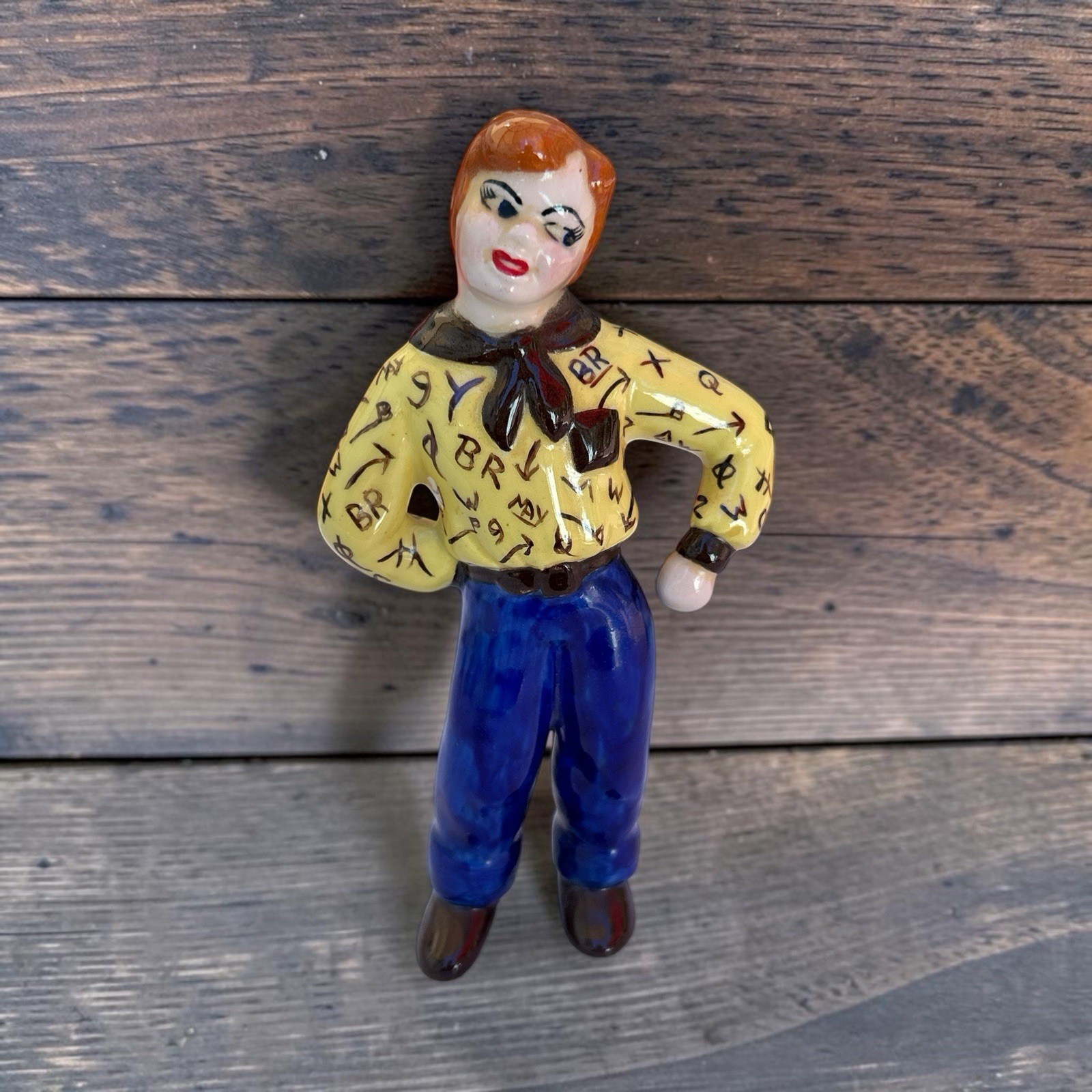 Vintage Hand Painted Western Cowgirl Bandana Ceramic Figurine 1950s 6”