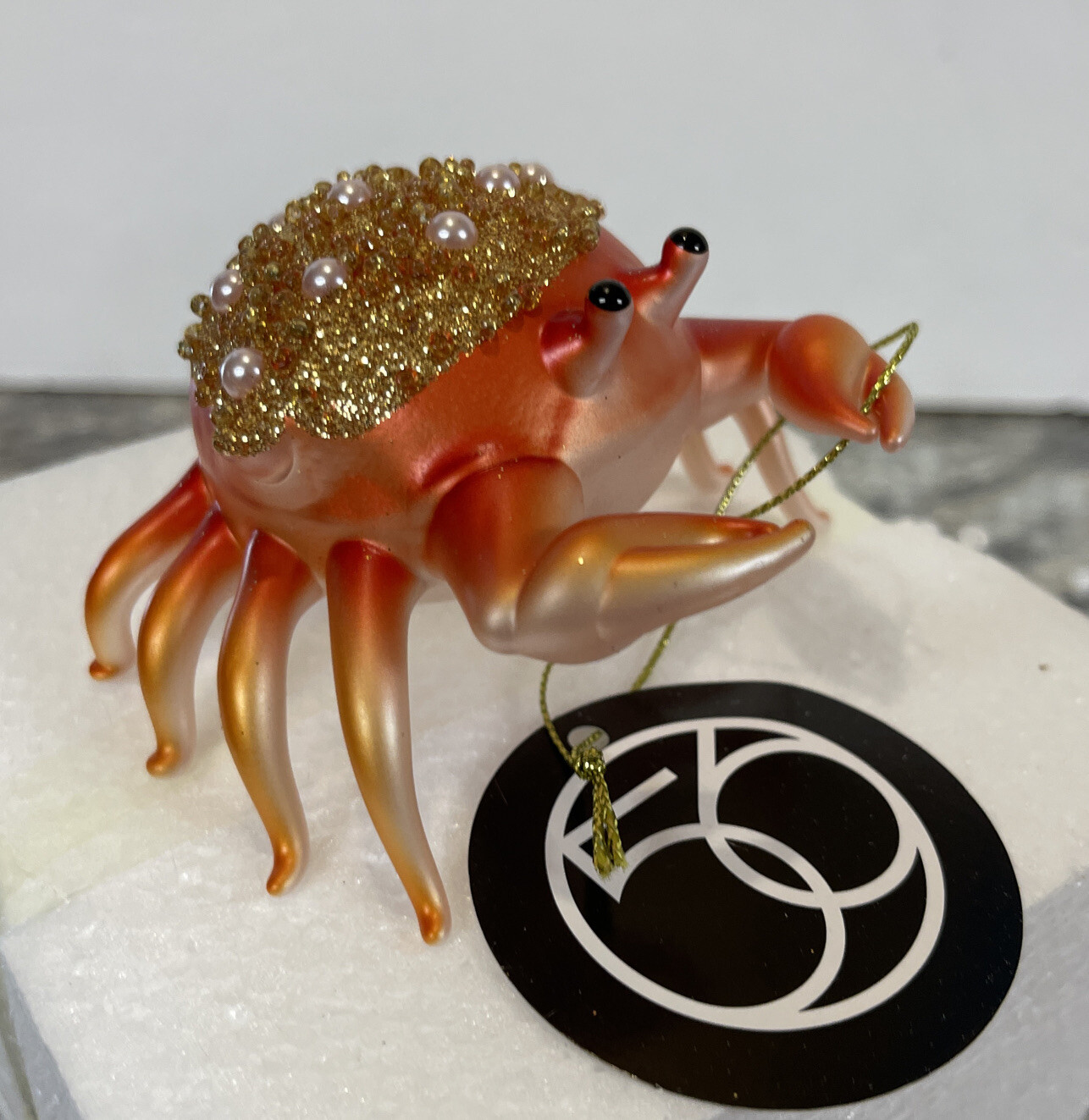 Dept 56 Coastal Orange Crab Gold Glitter Pearl Bead Glass Christmas Ornament