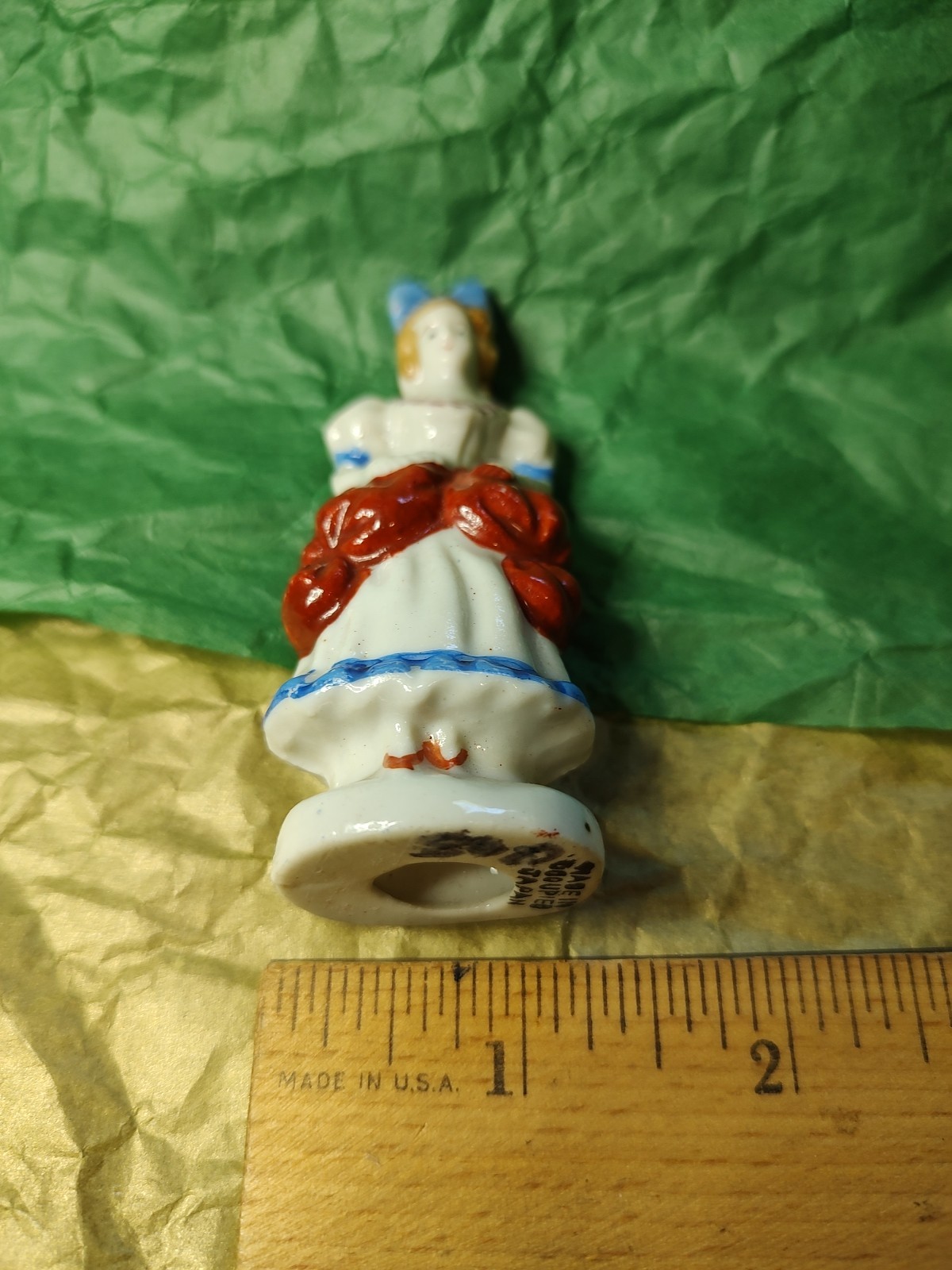 Lady with Red Bustle Figurine Made in Occupied Japan 3 1/2 inches tall