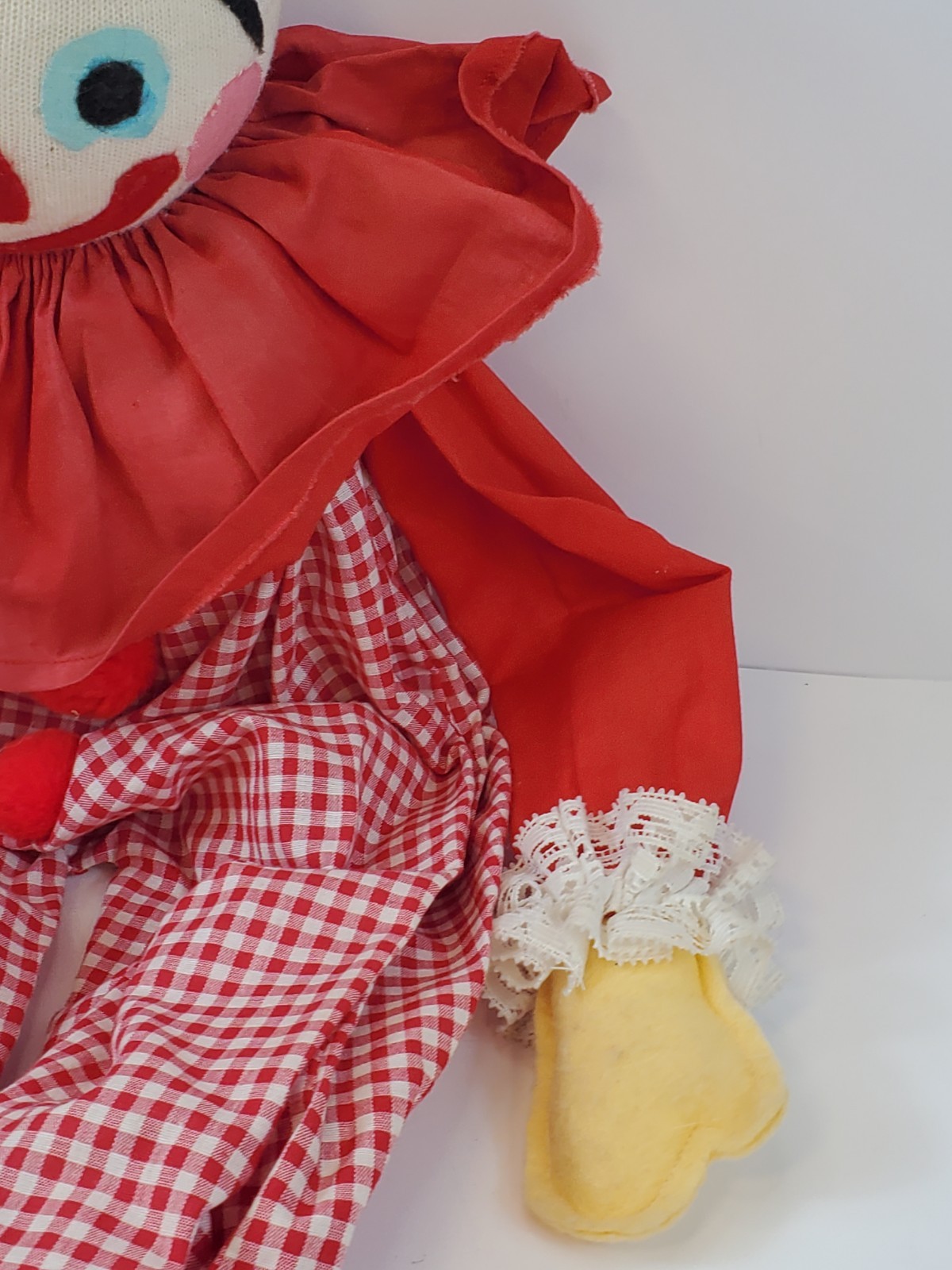 Vintage Handmade Clown Wood Block Shelf Sitter Red & White Checkered Pants
