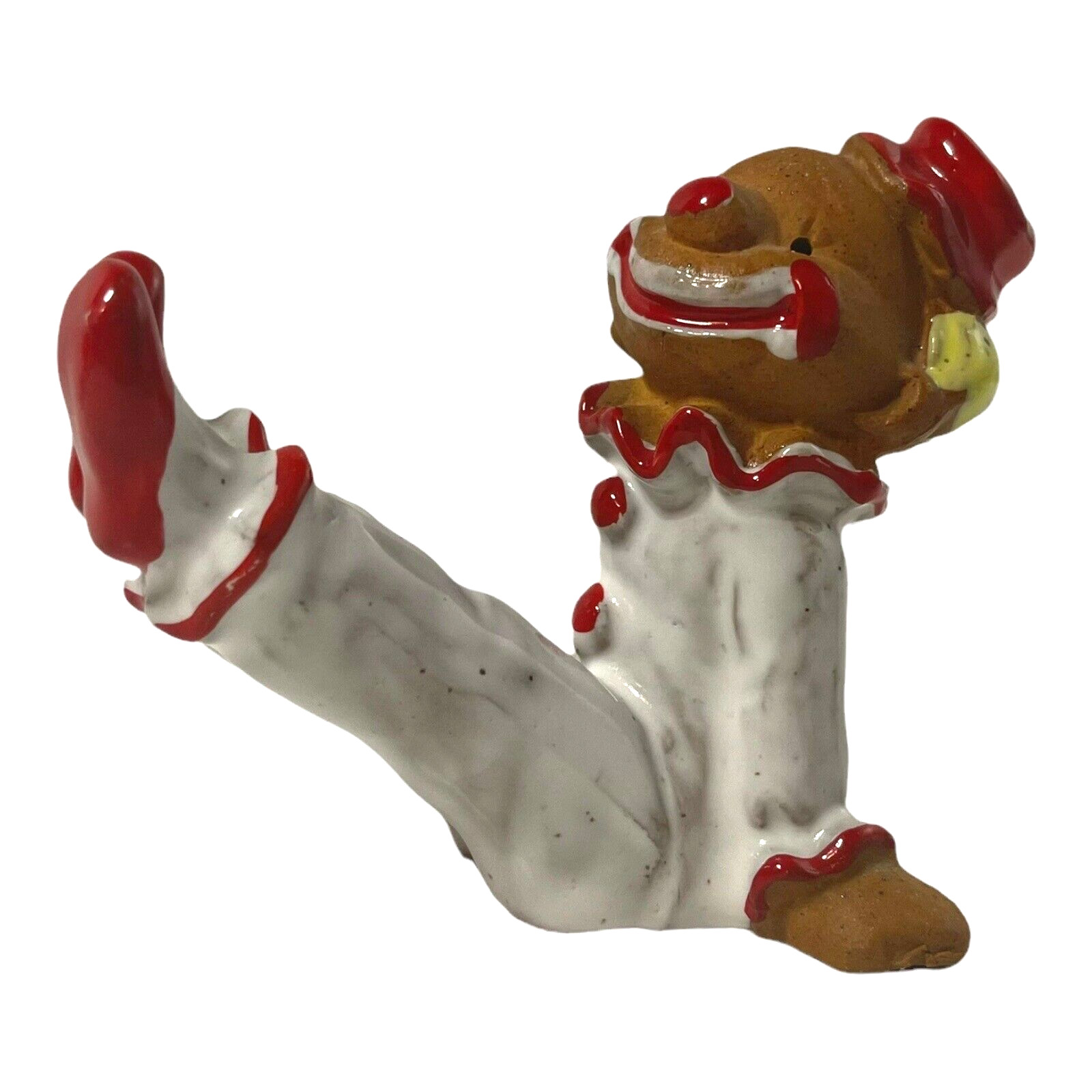 Clown Leg Raise Figurine Terra Cotta Clay Red White Glazed 3″ Napcoware