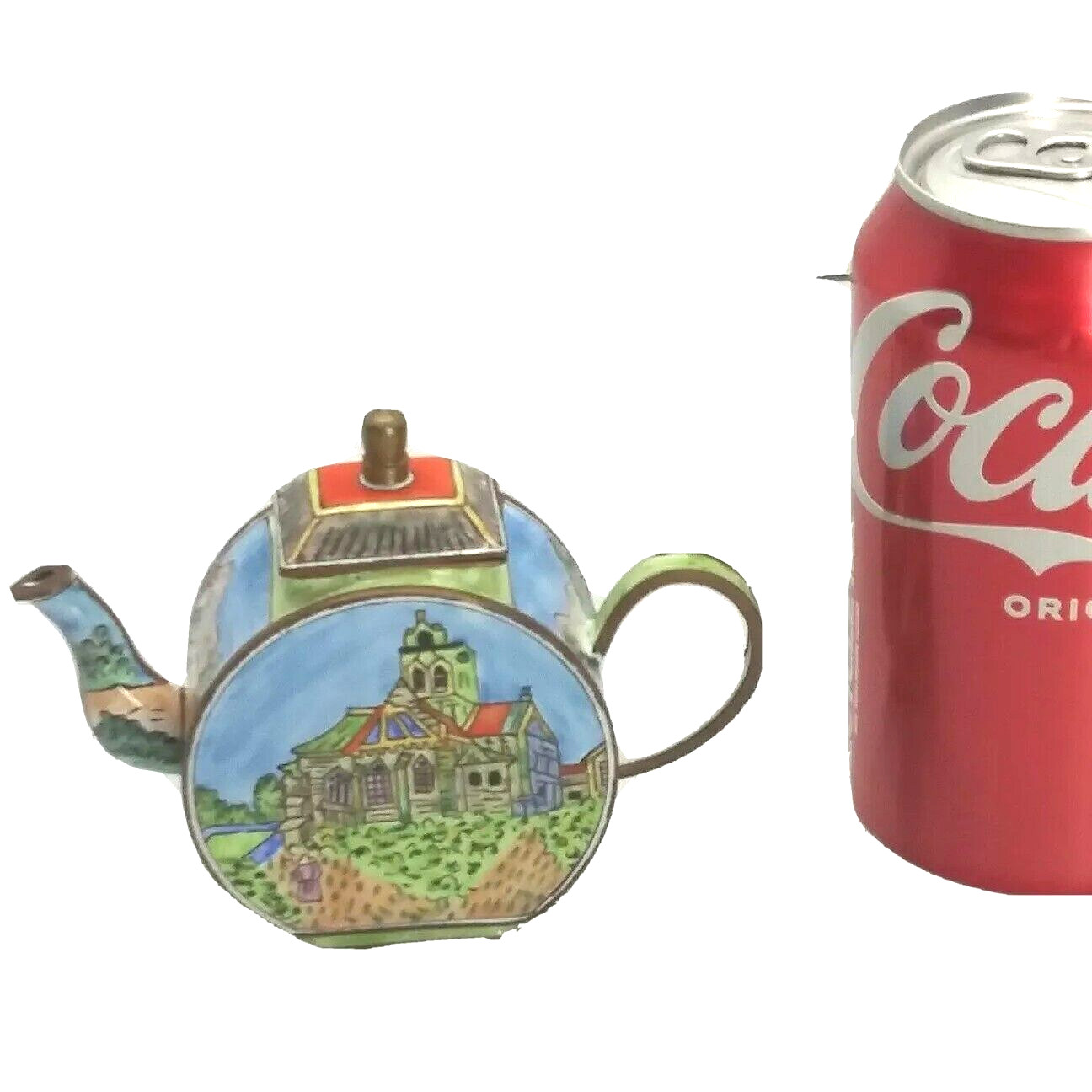 Rare Vintage KELVIN CHEN Miniature Copper Enamel Teapot Auvers- Van Gogh 3.5″