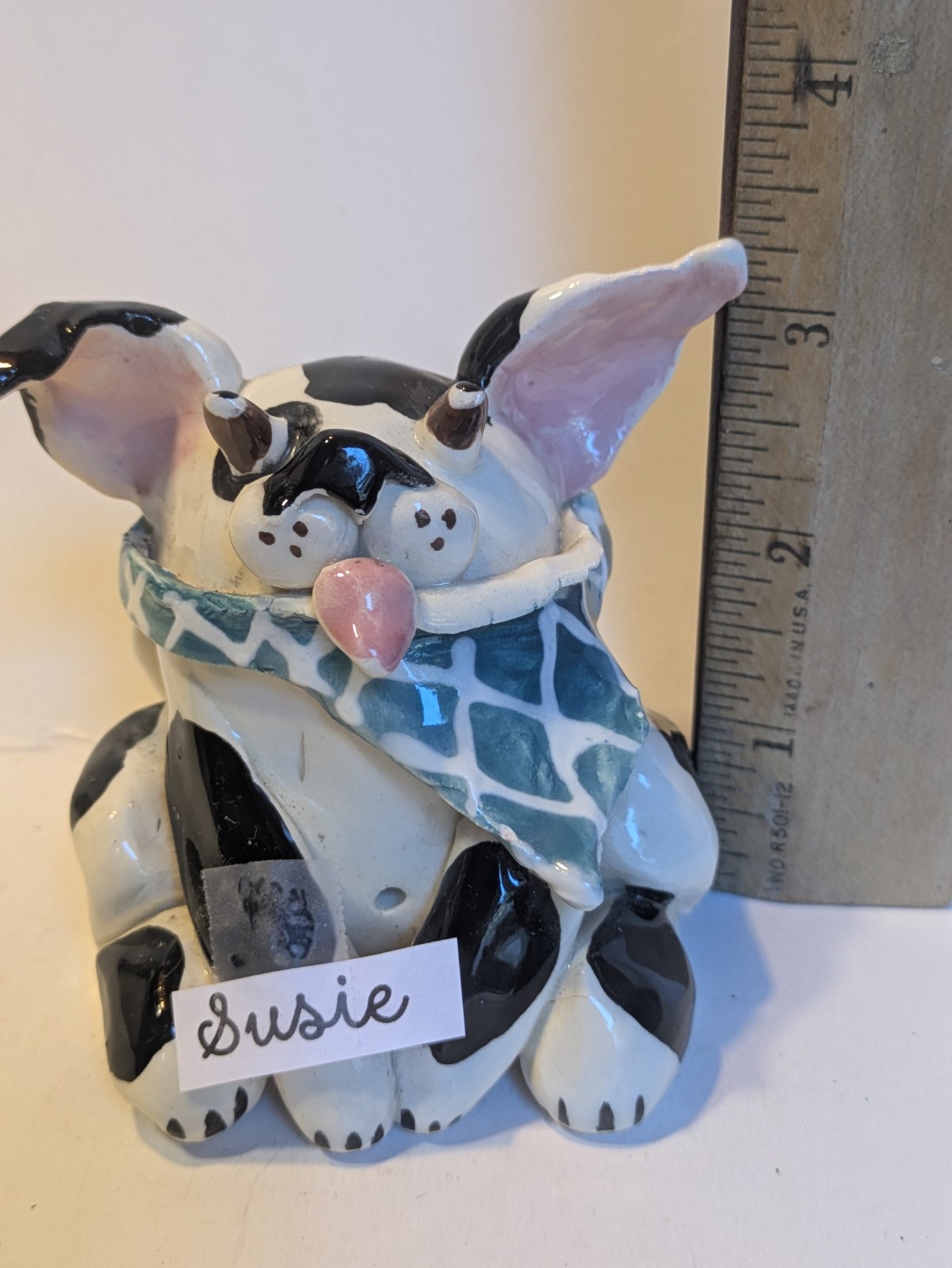 Silly Googly-eyed Vintage Black & White Susie In Scarf WhimsiClay Dog Sculpture
