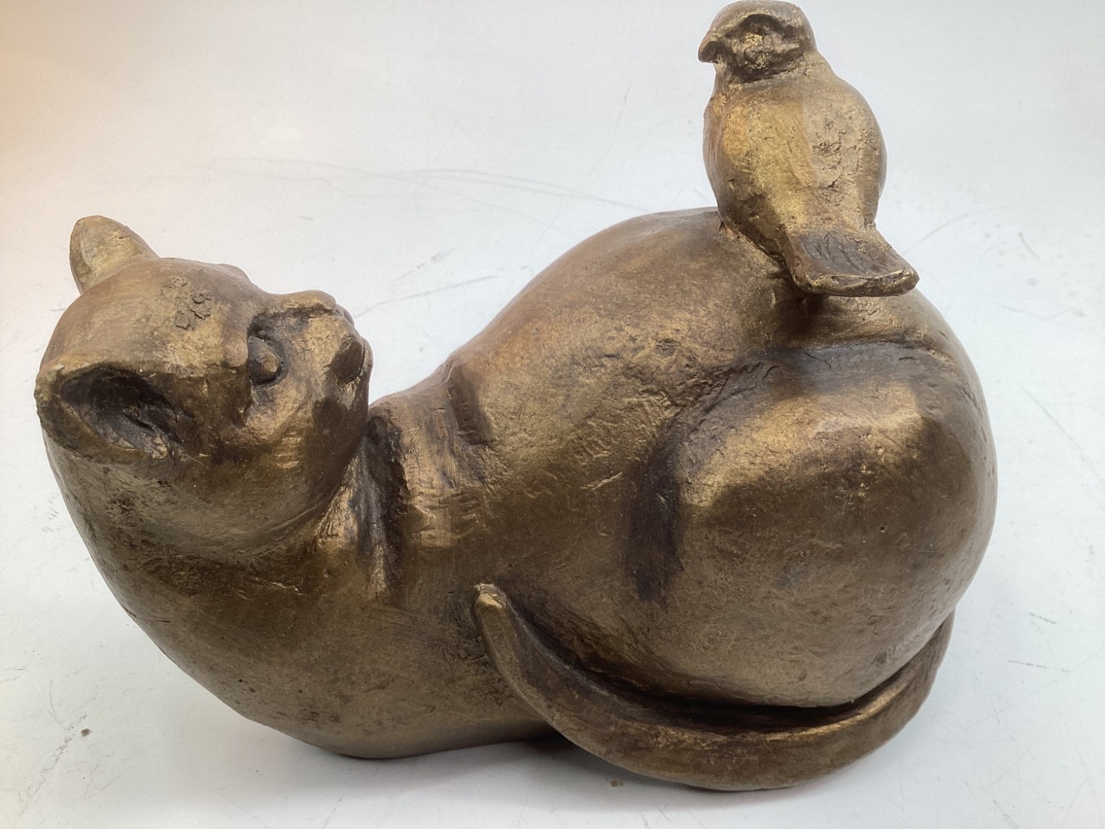 8” heavy Cat with Bird Statue Metal Sculpture (G1)