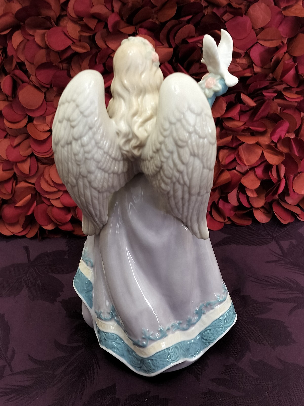 Angel W/ White Dove In Beautiful Lavender Dress. Porcelain 9-3/4 Inches Tall
