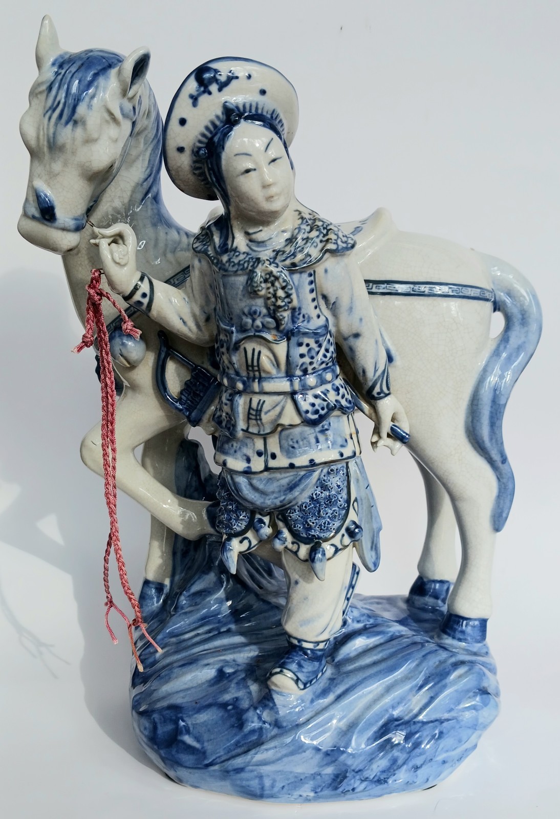 Chinese Oriental BOMBAY Blue White Porcelain Statue Man Horse 13″ x 9″ Hand Made