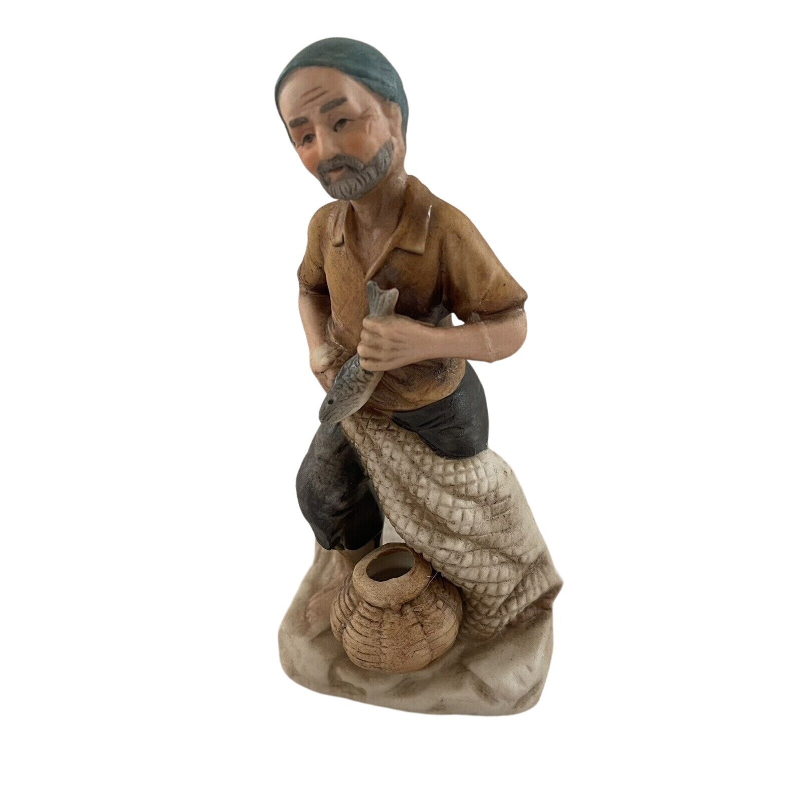 KSM Figurine Fisherman Man Holding Fish Net Ceramic Nautical Vintage REPAIRED