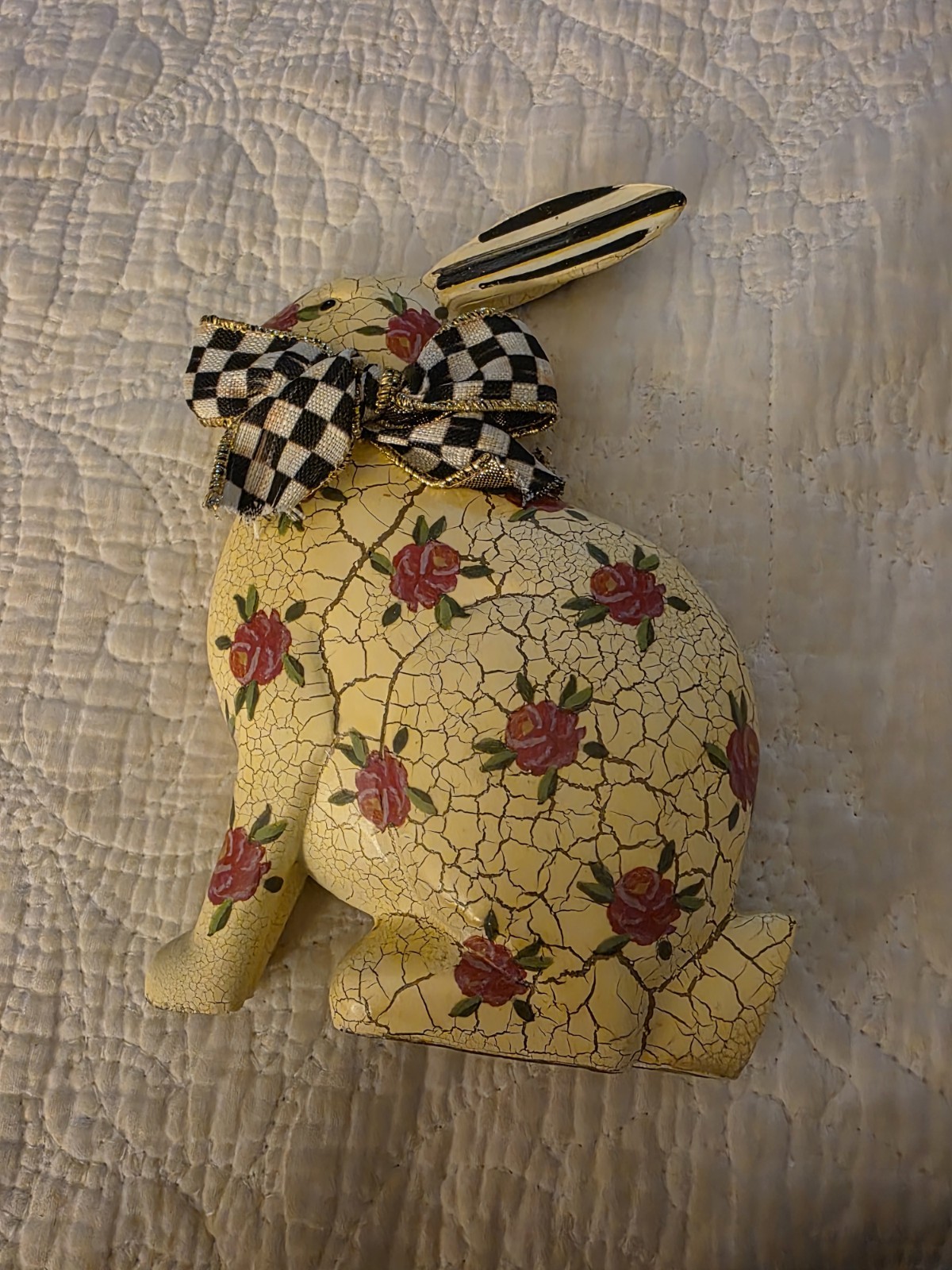 MacKenzie-Childs Hand Painted Rosey Rabbit Figurine with Roses and Checkered Bow