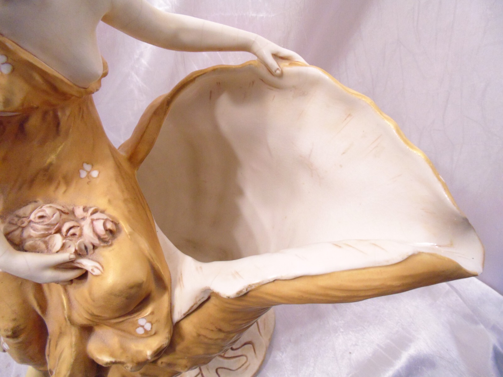 Vtg Art Nouveau Royal Dux Bohemian Woman Figurine Conch Shell Figural Bowl Vase