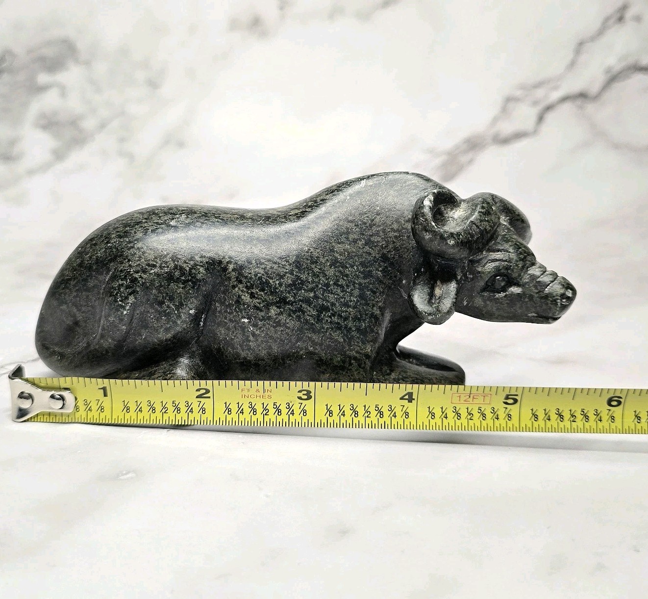 Vintage Inuit Style Hand Carved Dark Grey Soapstone Oxen Figurine 1 lb 5.5″ Long