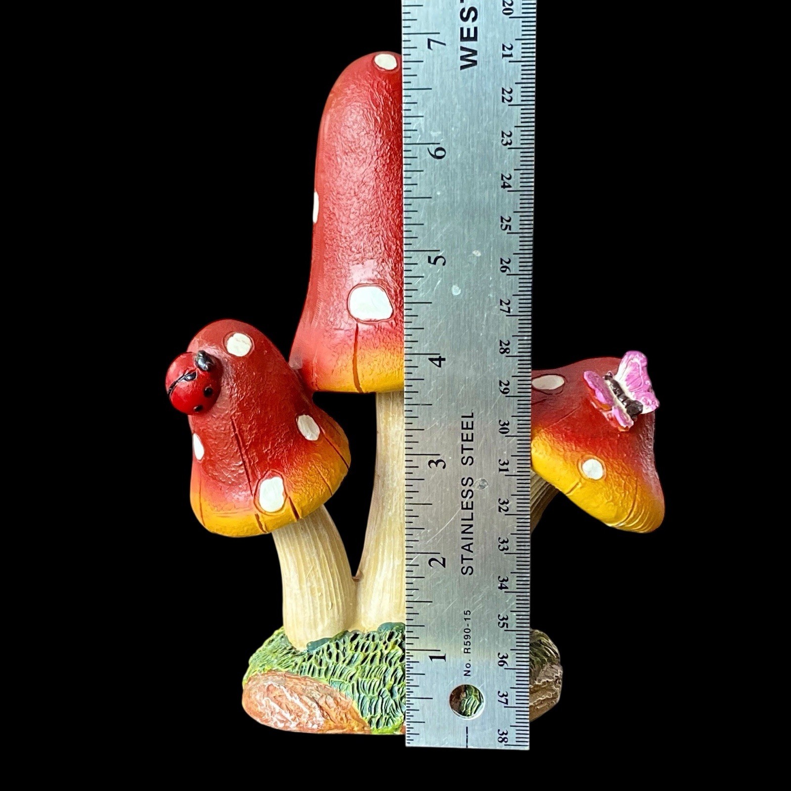 Red Polka Dot Mushrooms & Butterfly Figurine Whimsical Resin Ladybug 7”