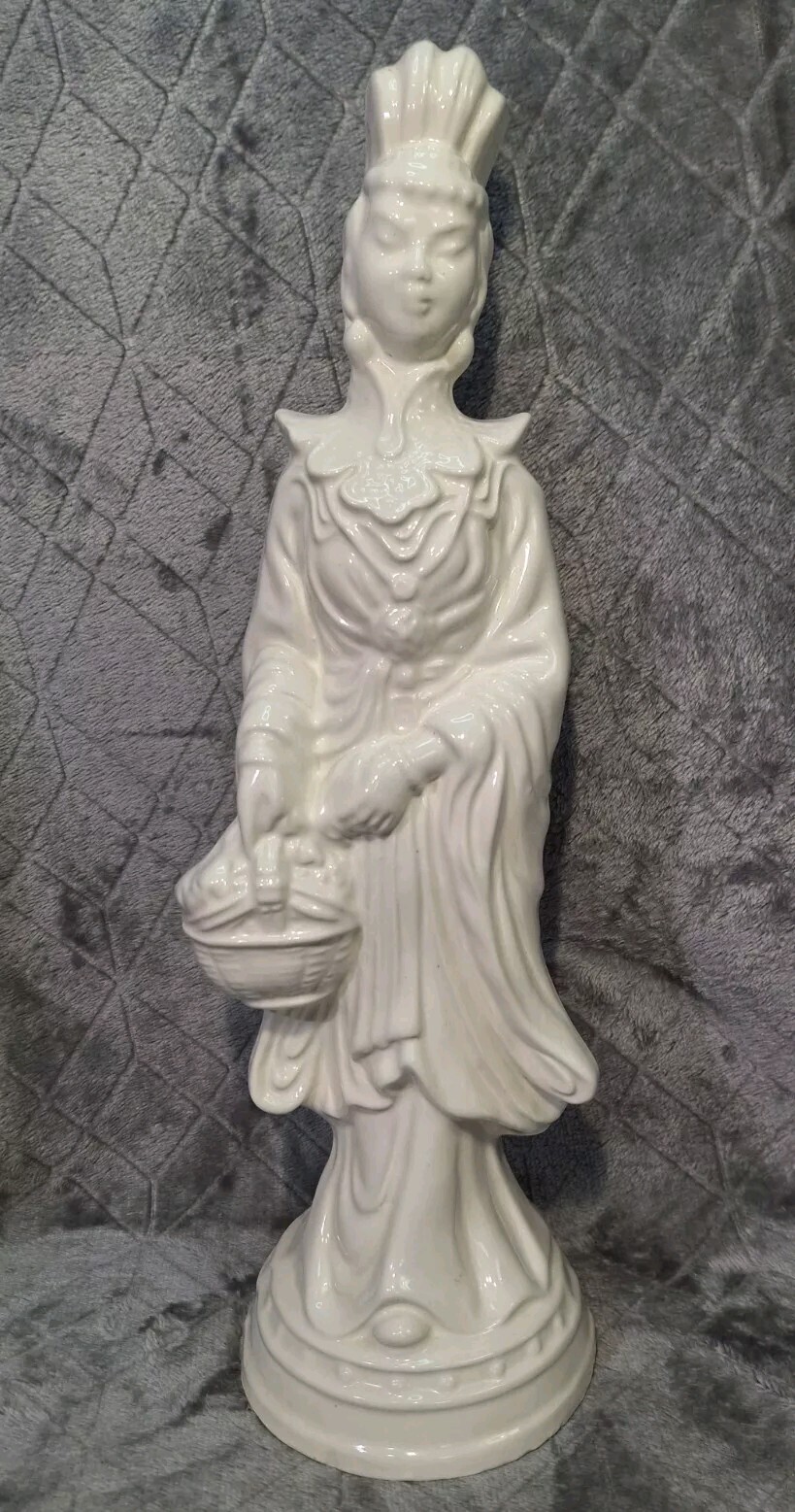 Asian Woman Statue Ceramic Figurine 12.75″ Goddess Empress Lady With Basket