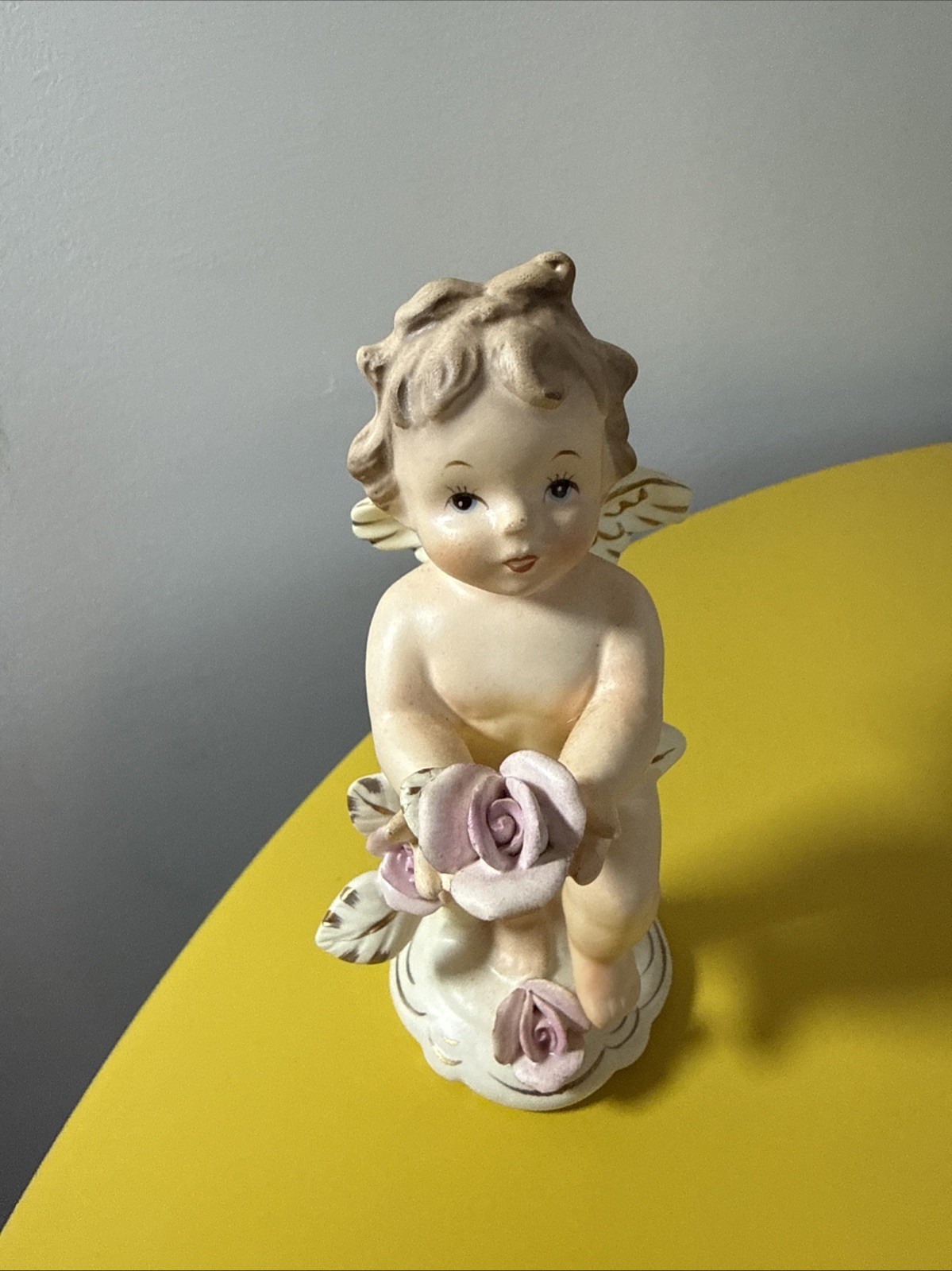 Vintage Napco 1961 Porcelain Cherub Naked baby with Pink Flowers Japan
