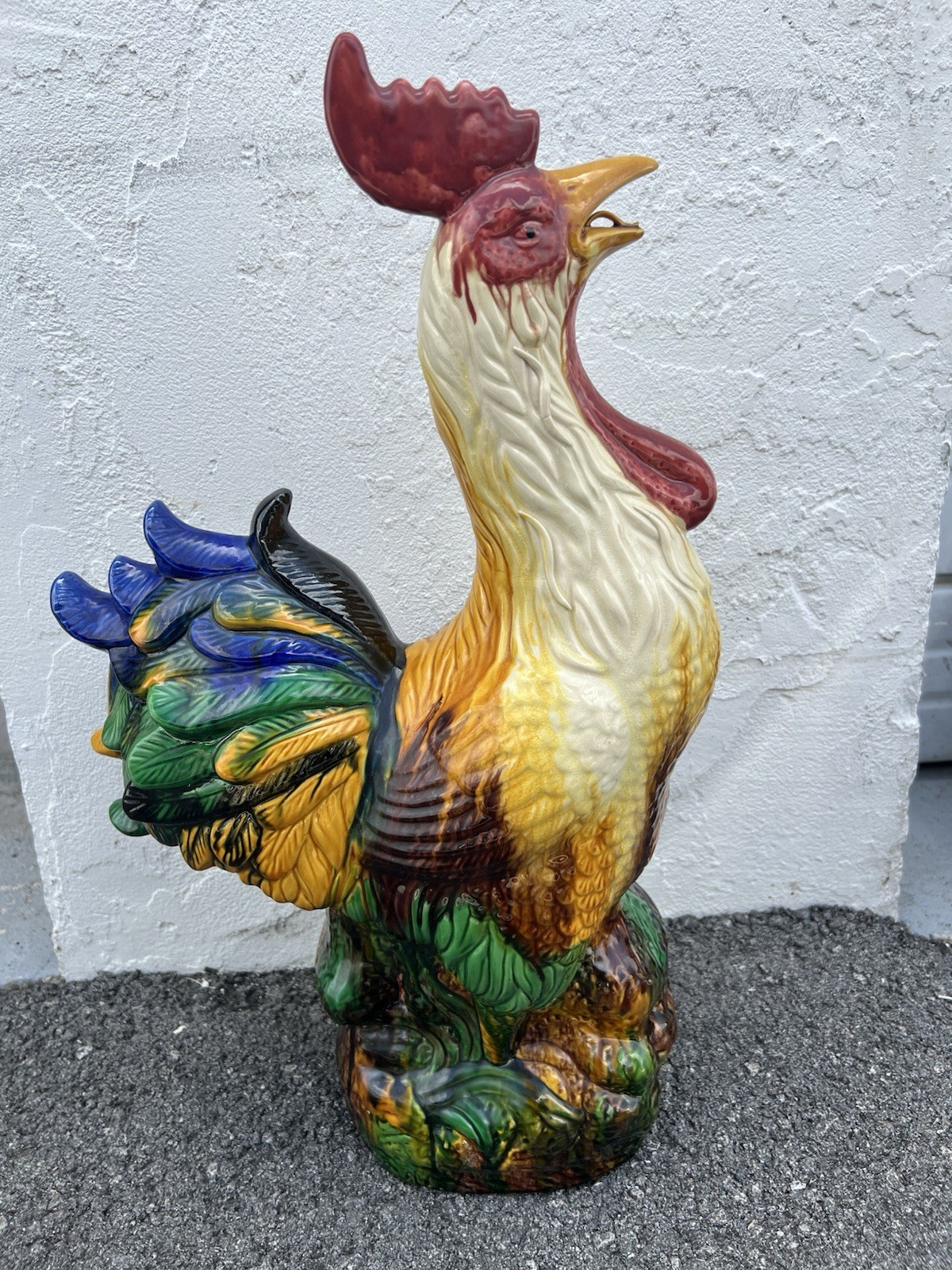 Vintage 12” Multi Color Ceramic Rooster Figurine with Classic Majolica Glaze