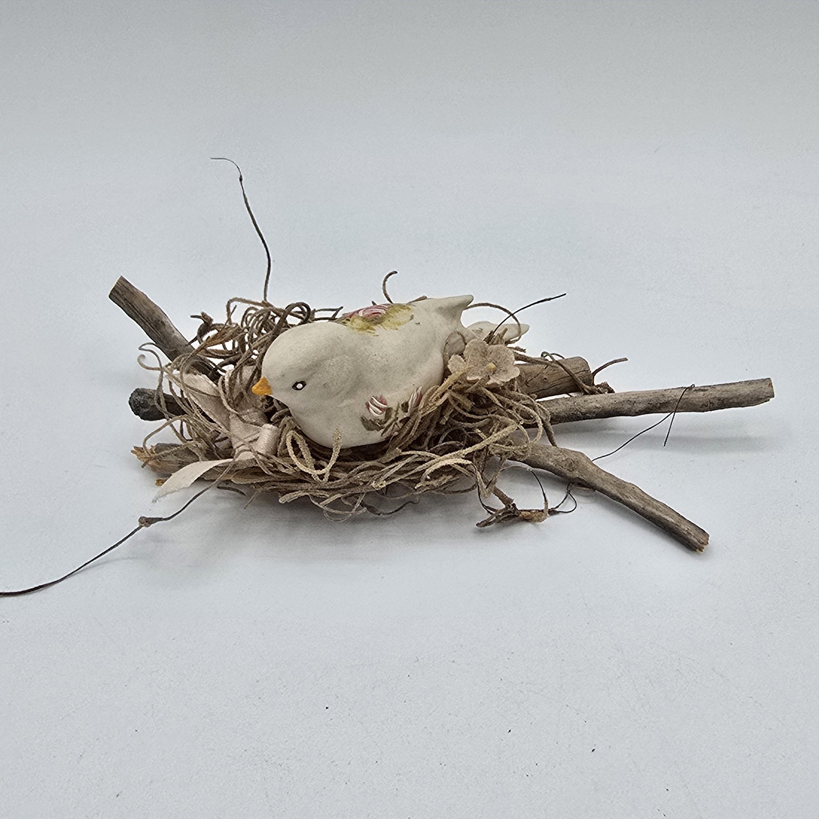 Vintage Ceramic Bird Figurine in Wooden Twig Nest Miniature Shelf Decor