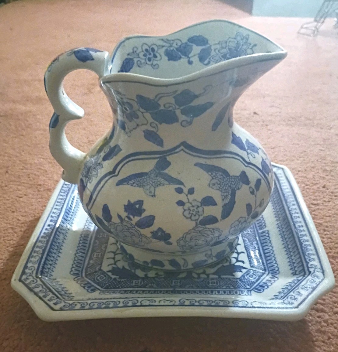 Vtg Andrea by Sadek Blue & White Chinoiserie Floral w/ Birds Pitcher & Deep Dish