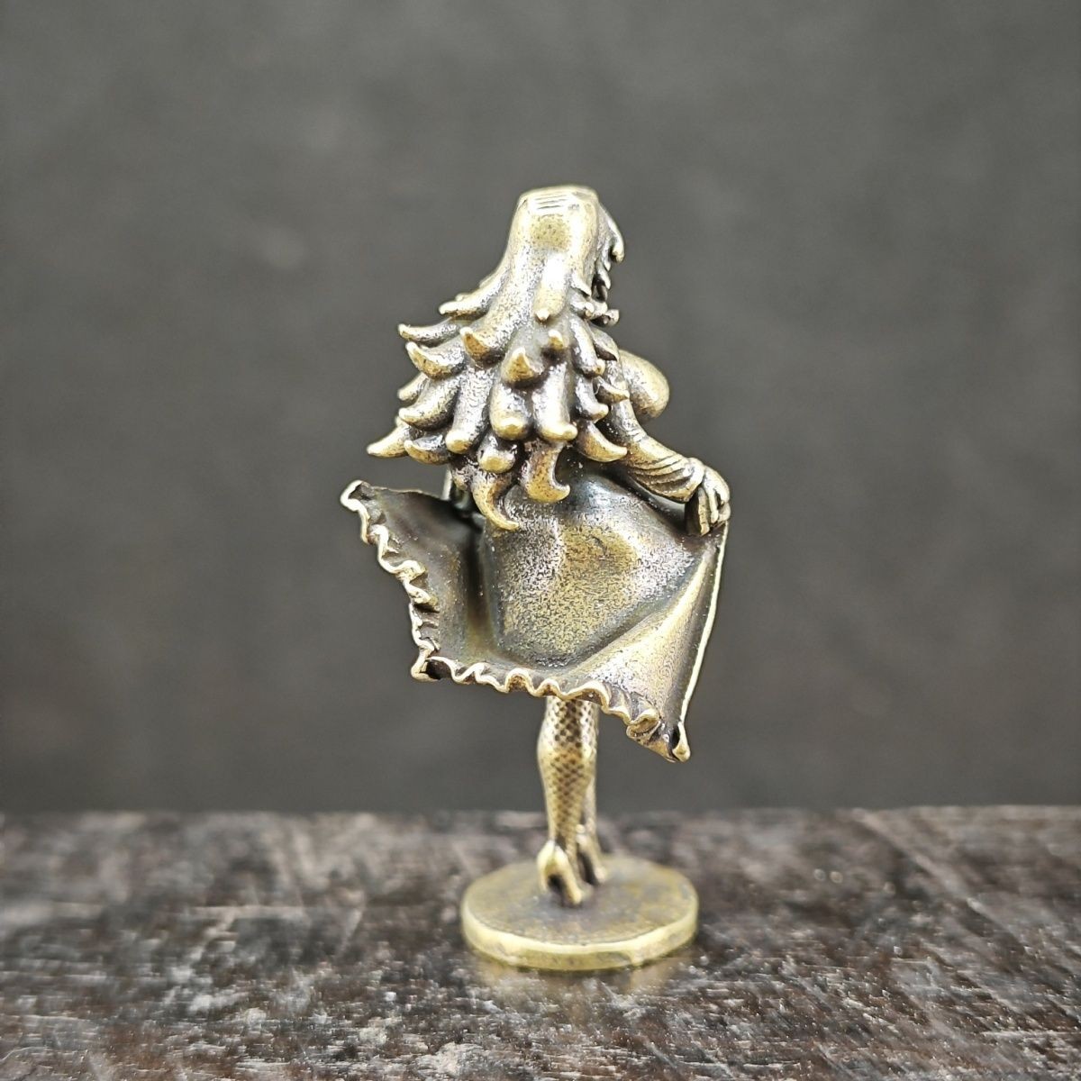 Brass Beauty Lifting Dress Mini Statue, Cute Anime Girl with Black Stockings