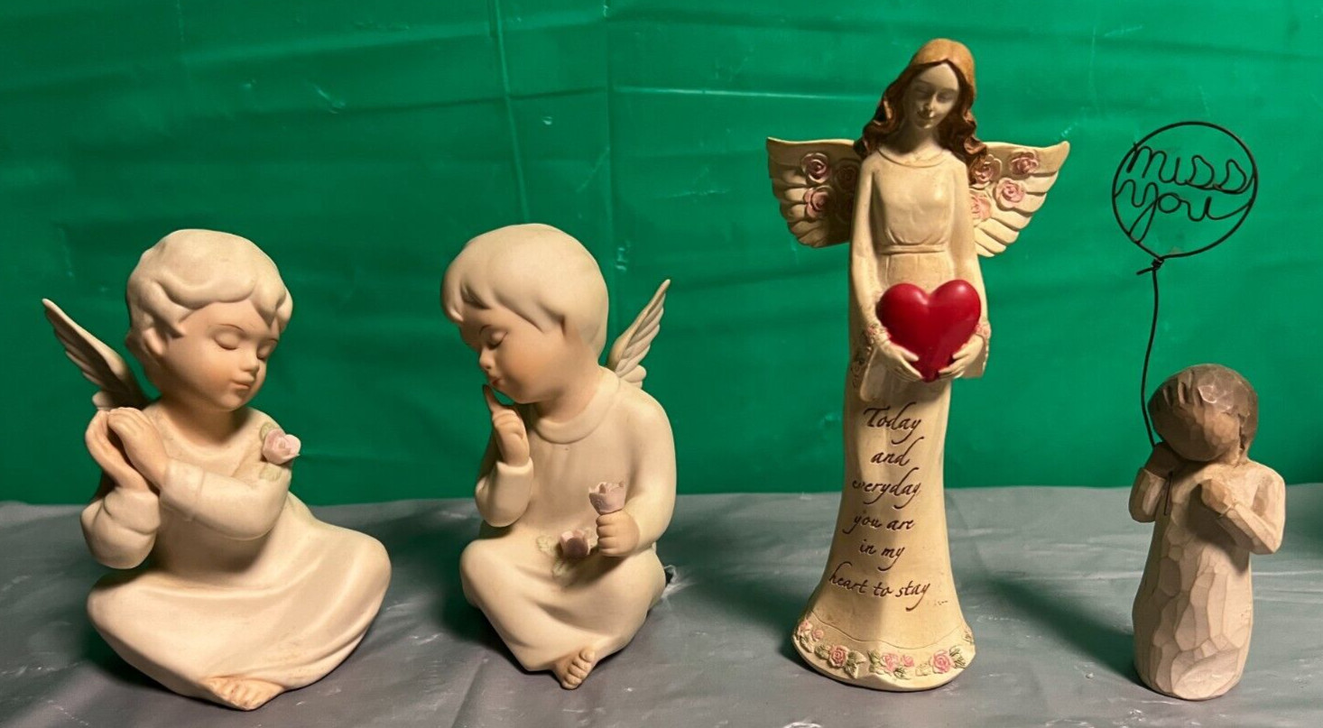 HOMCO ANGELS w/rose, 1 miss you Willow tree +Hallmark angel w/Heart (2signed)-