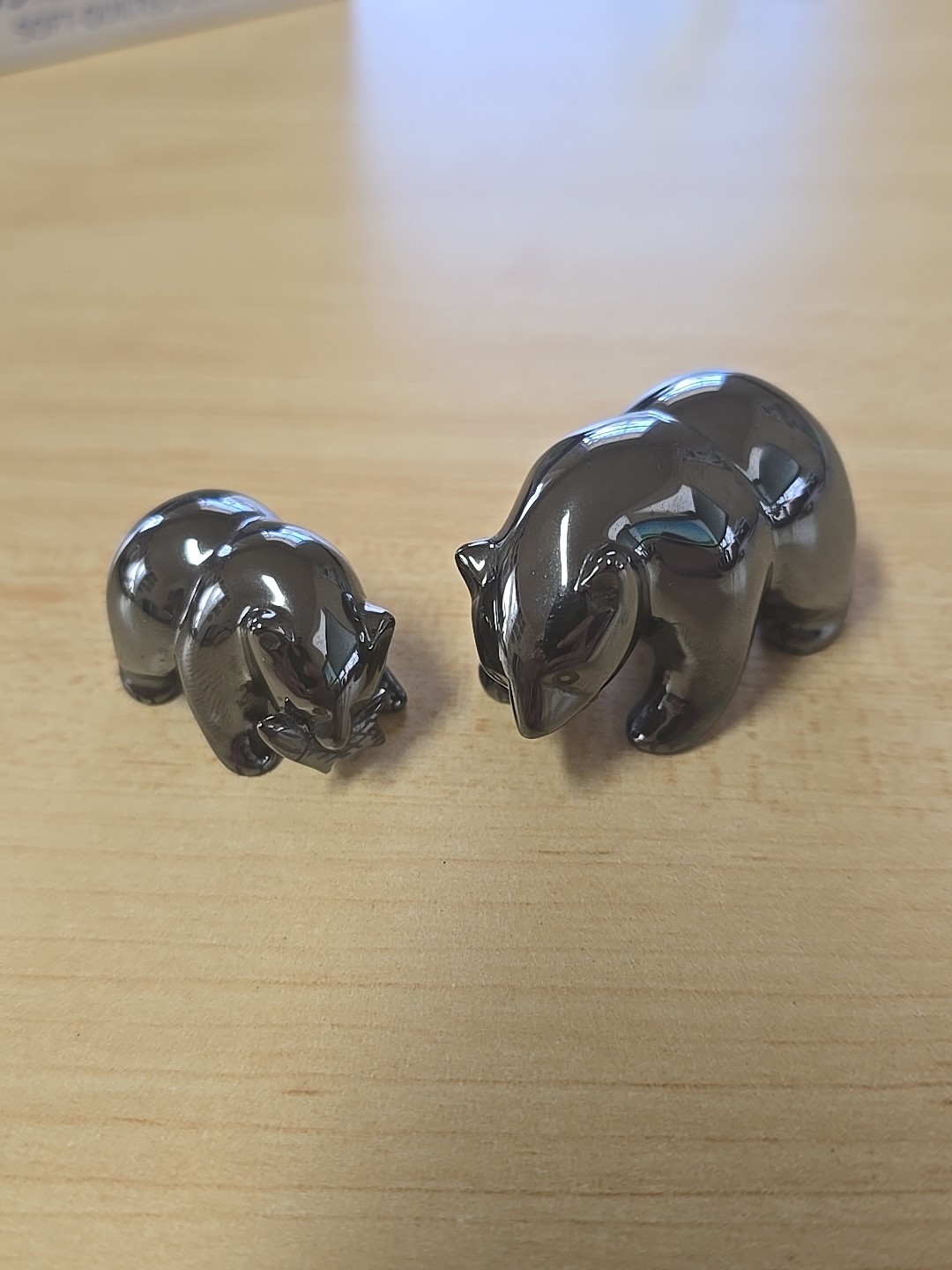 Hematite Miniature Bear Holding Fish Figurine W/Adult Bear (Lot Of 2)