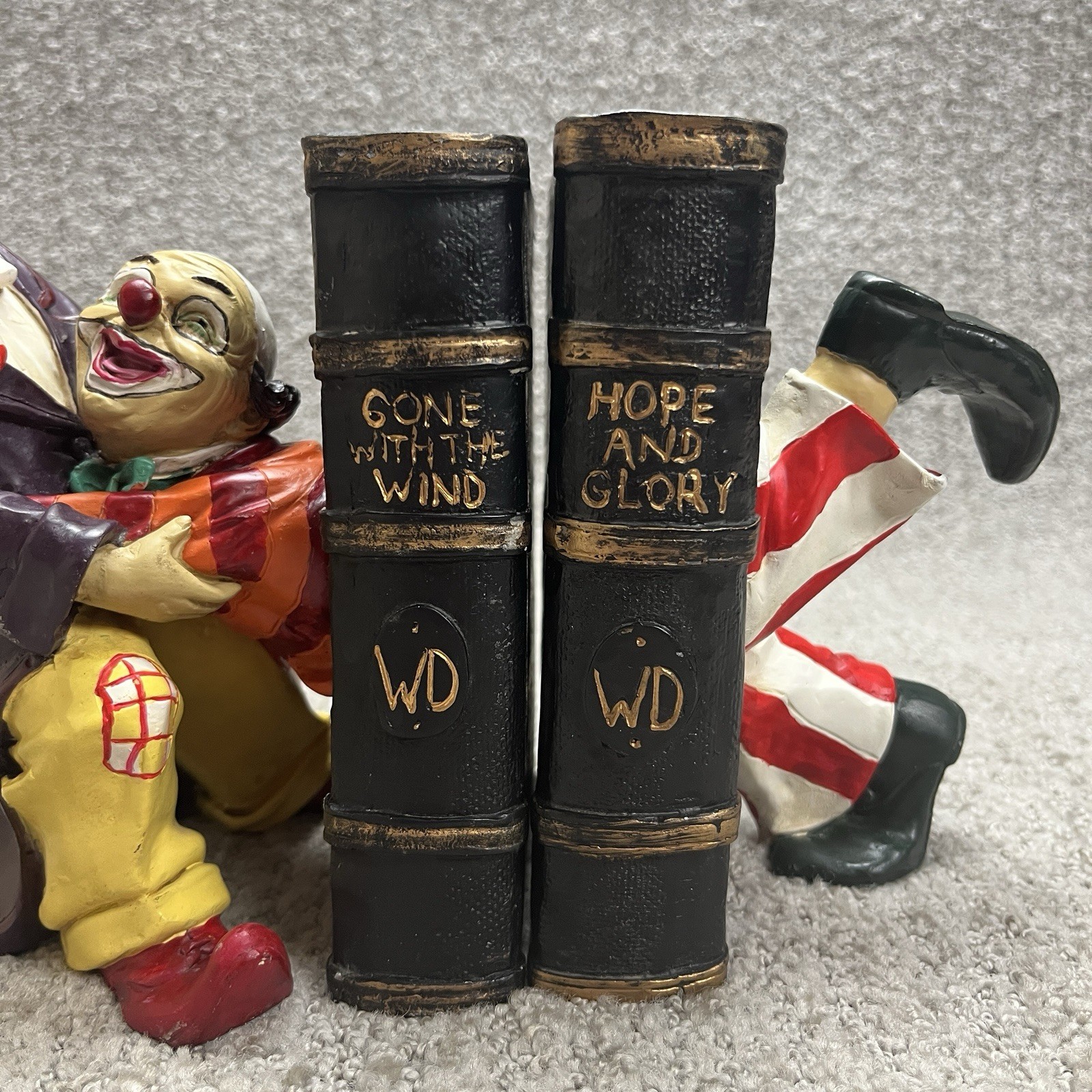 Vintage Peter Mook Clown Book Ends Gone with the Wind & Hope and Glory Resin