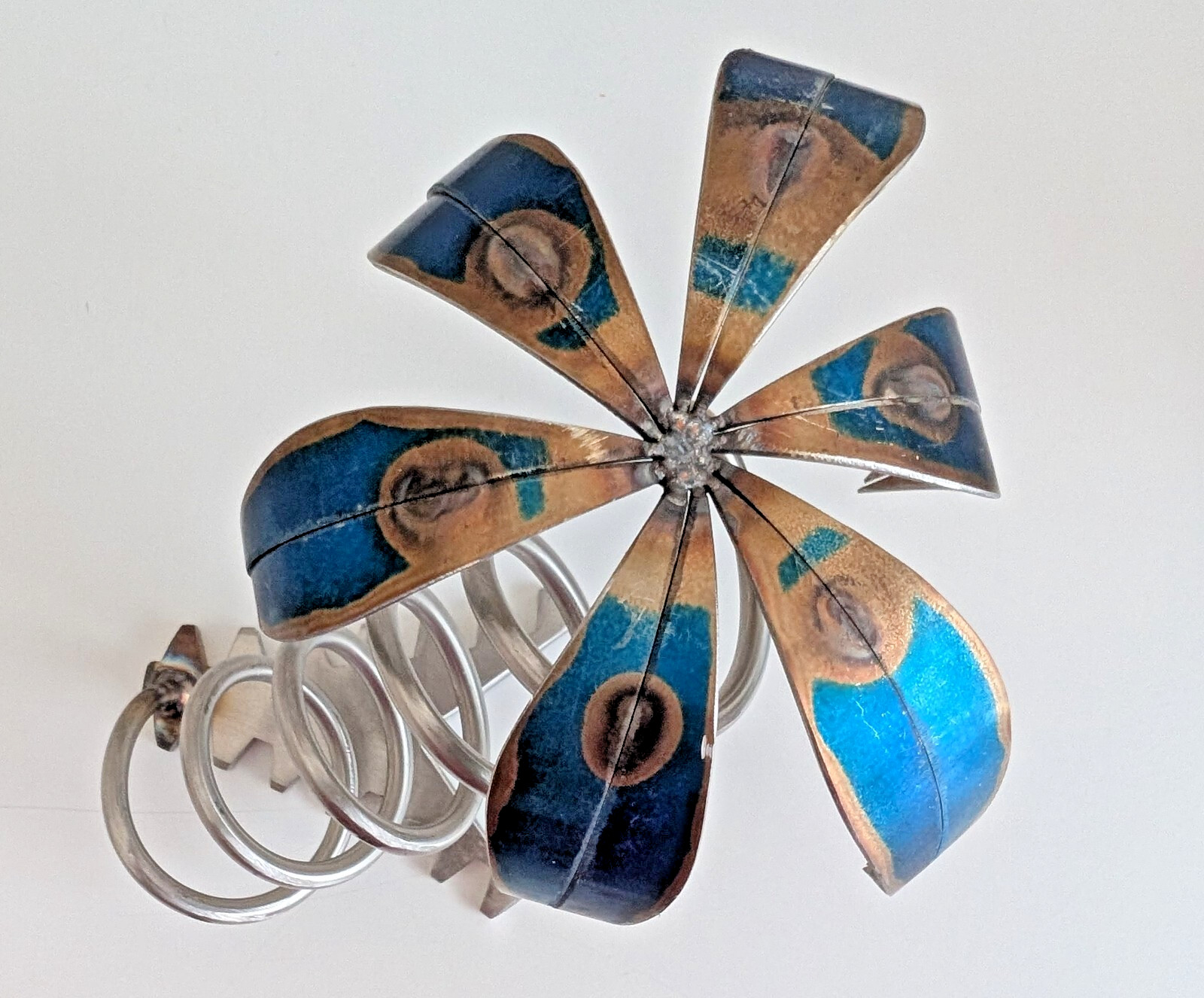 Brutalist flower sculpture recycled art blue silver tone metal tree unique