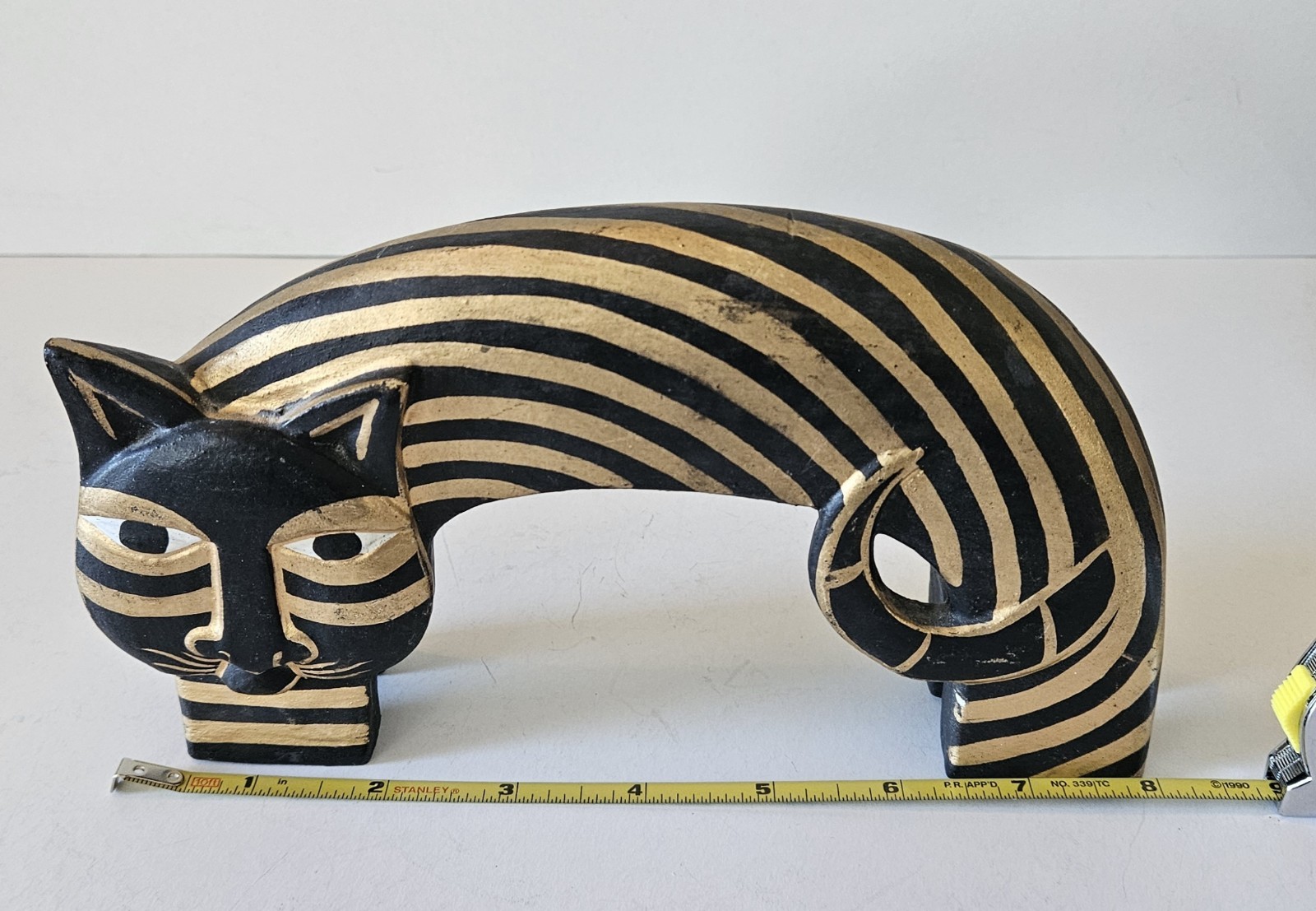 Carved Wood Cat Laurel Burch Style Hand Painted Cat Sculpture. Black & Gold. VTG