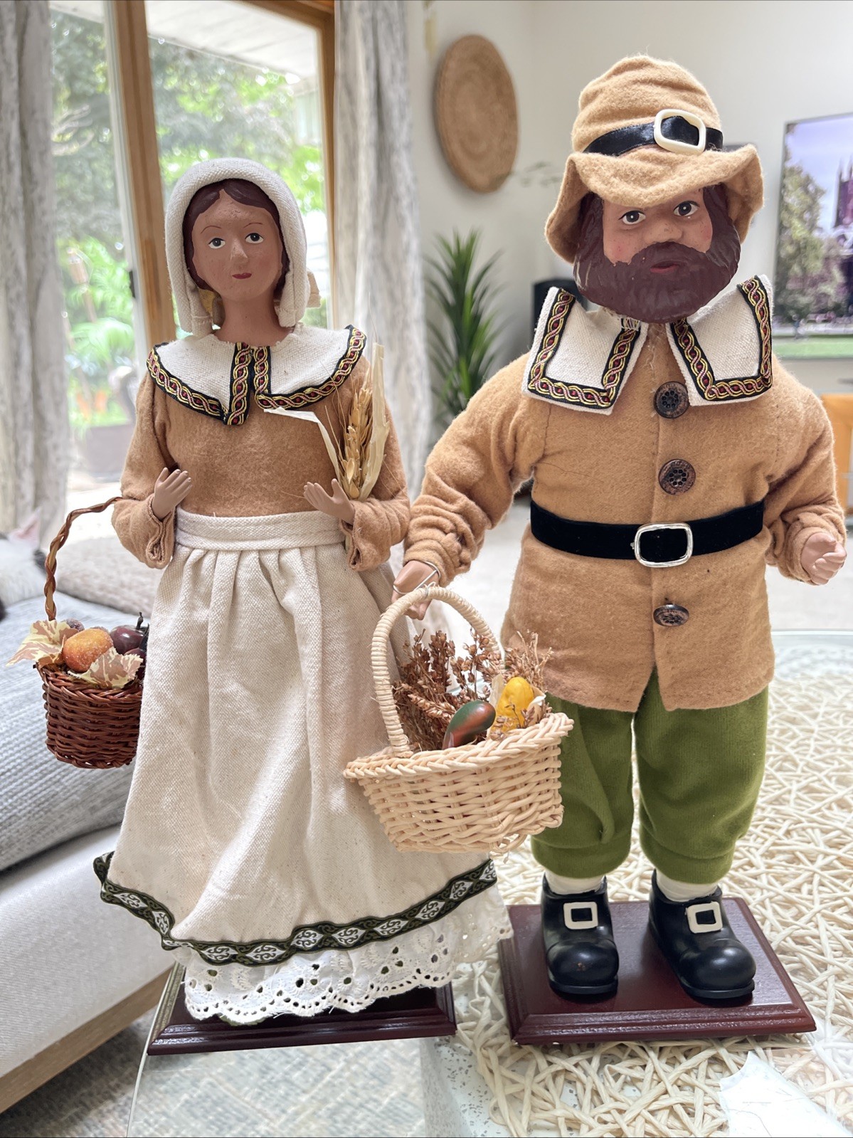 Handcrafted Folk Art Pair Of Pilgrim Figures 16″ H Papier Mache Mixed Materials