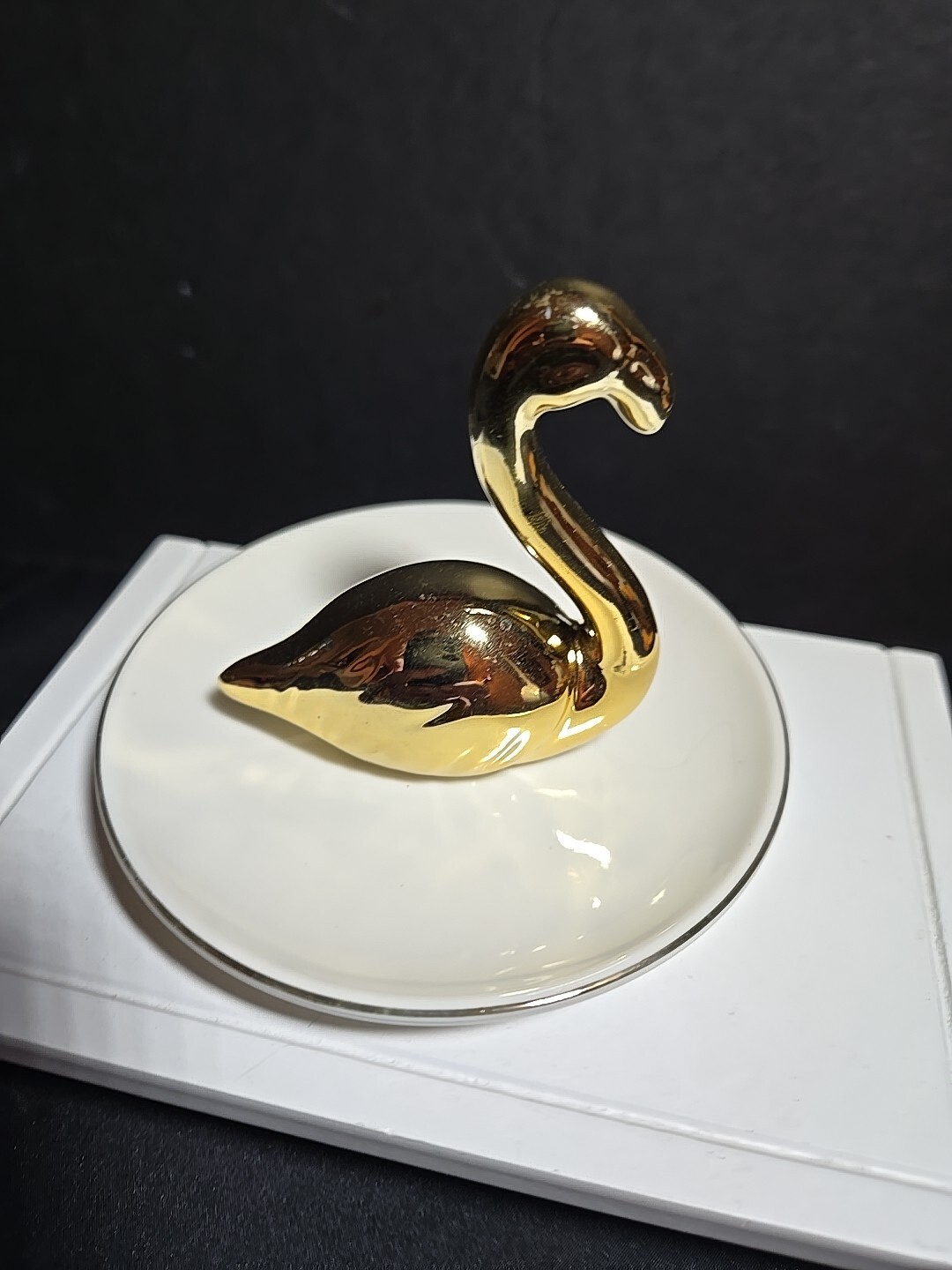 Vintage Golden Swan Sitting White Trinket Dish with Gold Trim